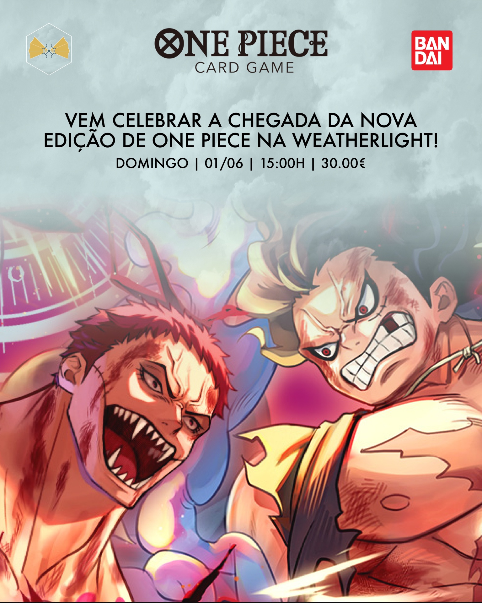 Poster promocional do jogo de cartas ONE PIECE com personagens de anime em luta e texto em português