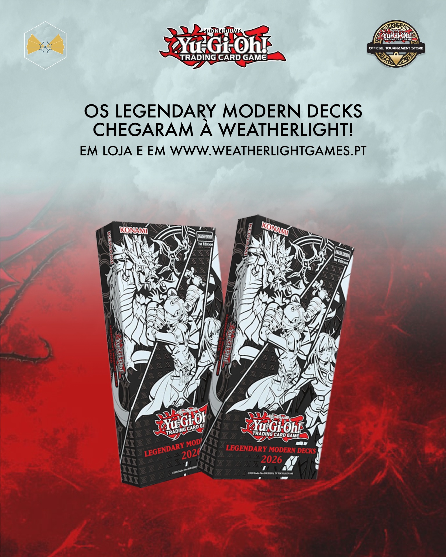 Promoção de baralhos Yu-Gi-Oh! Legendary Modern Decks 2026 com fundo vermelho e cinza