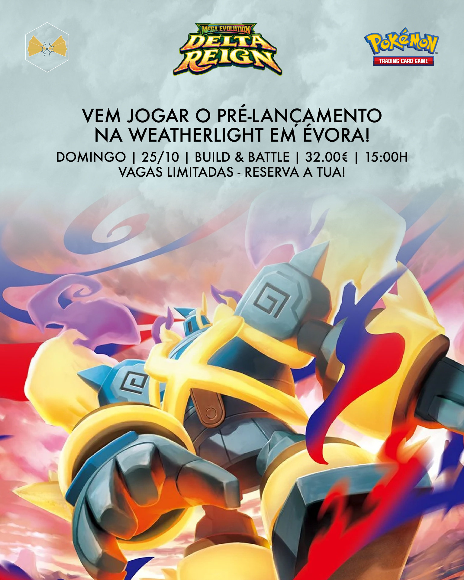 Cartaz com logotipos de Mega Evolution Delta Reign e Pokémon Trading Card Game e texto sobre evento de pré-lançamento em Évora