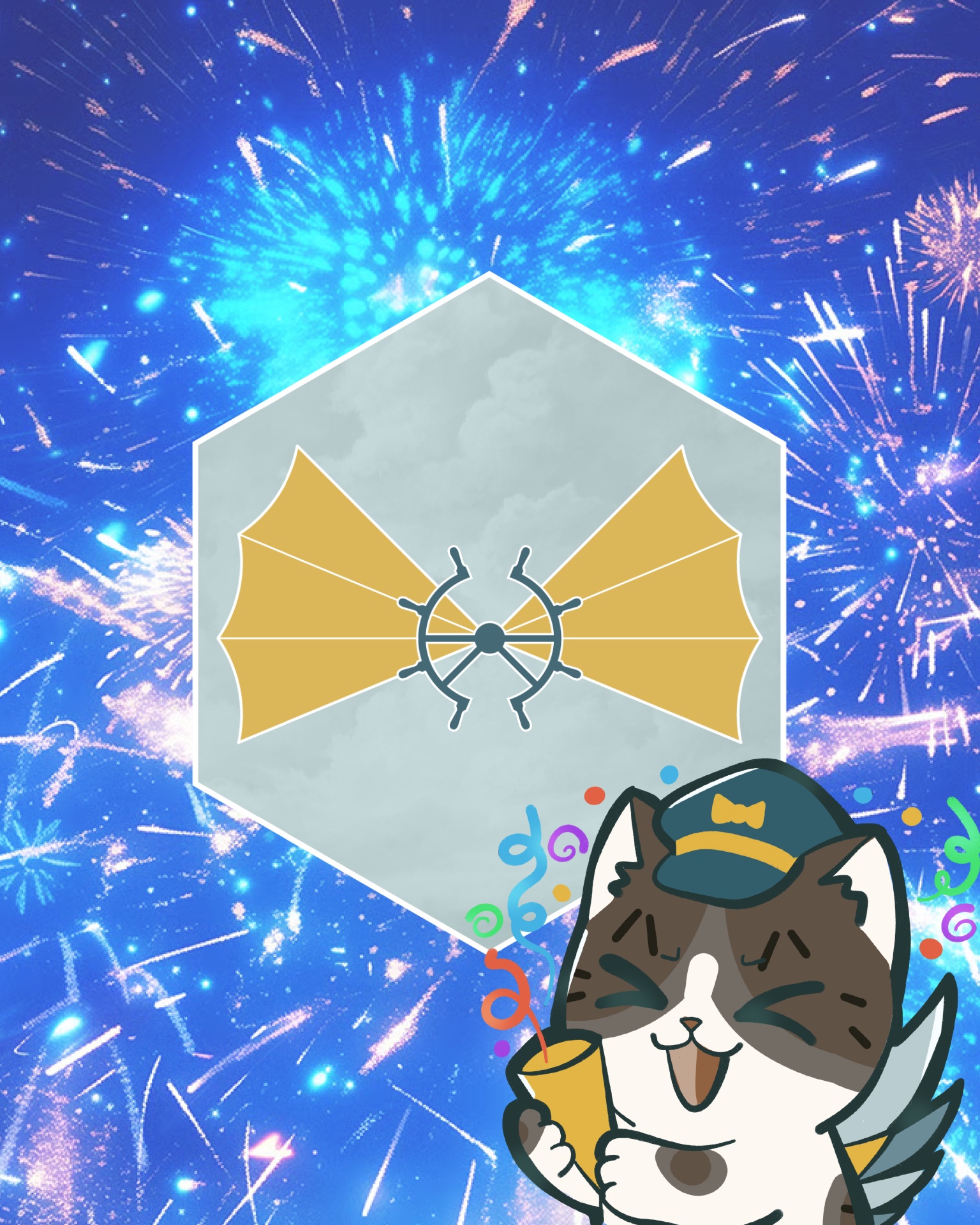 Gato animado vestido de piloto com fogos de artifício ao fundo