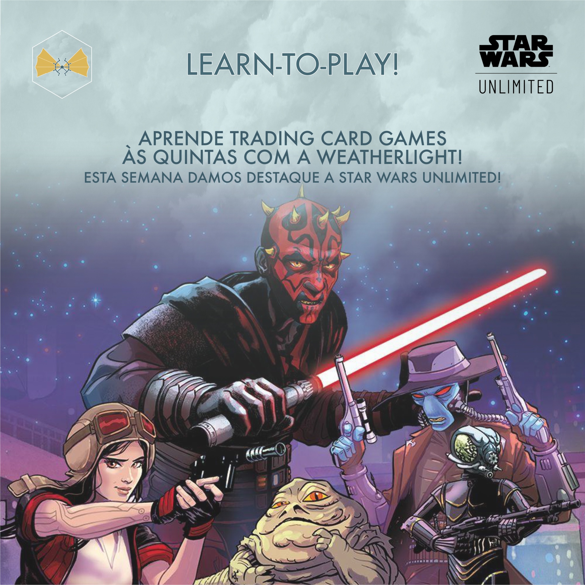 Promoção de Star Wars Unlimited com ilustração e texto em português europeu