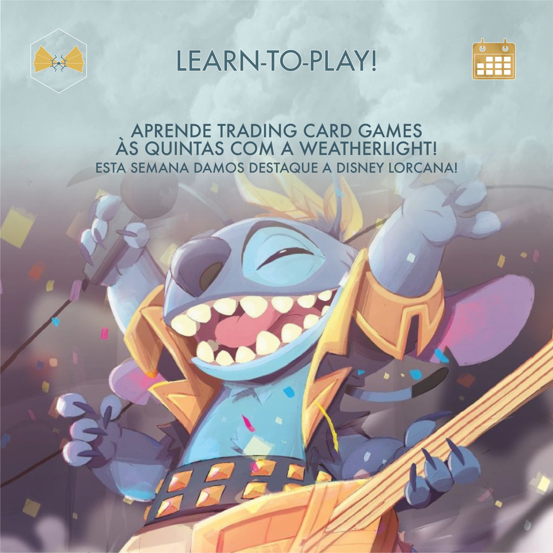 Personagem azul animada tocando guitarra com texto sobre jogos de cartas