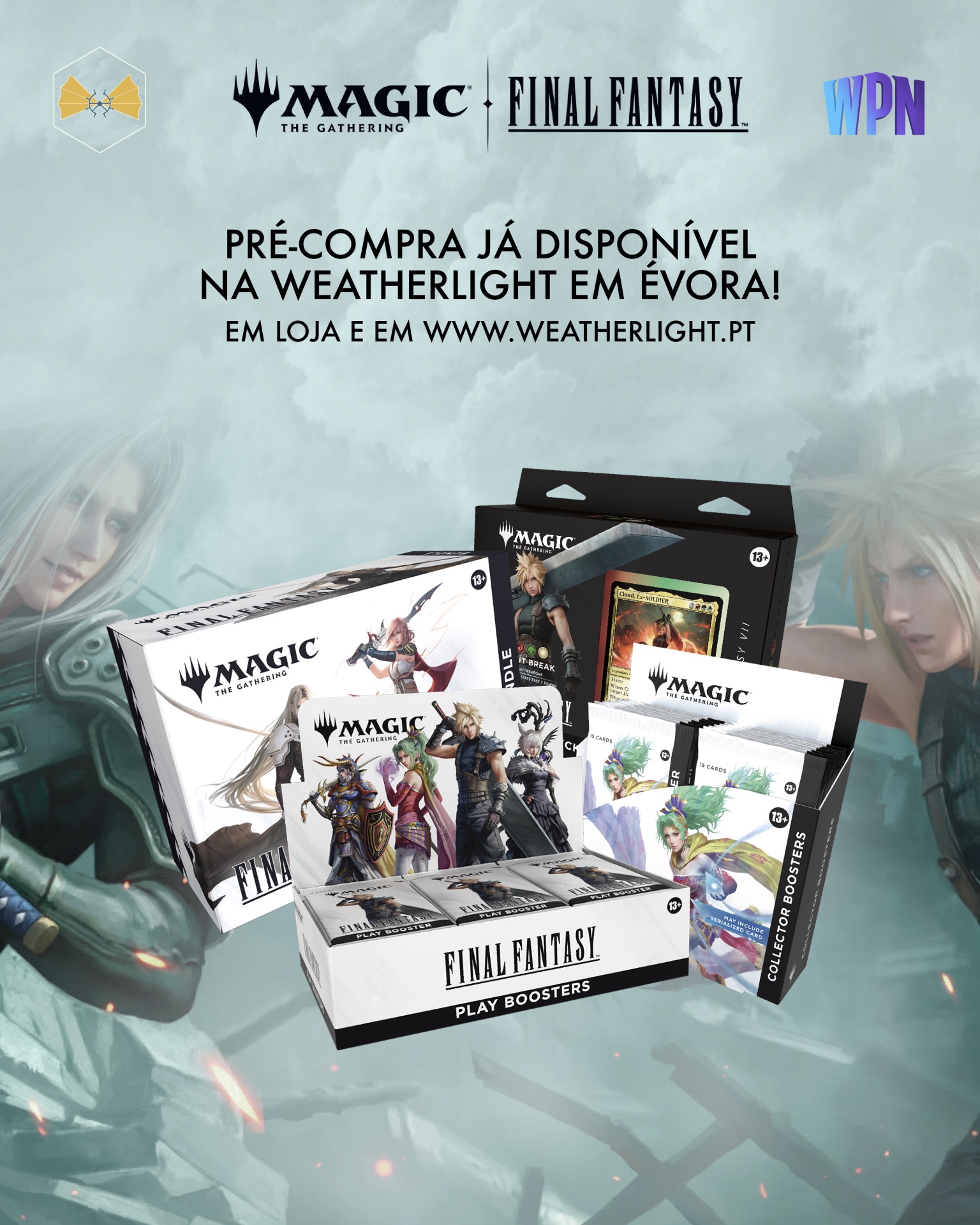 Promoção de cartas colecionáveis Magic: The Gathering e Final Fantasy com pré-compra disponível na loja Weatherlight e website.