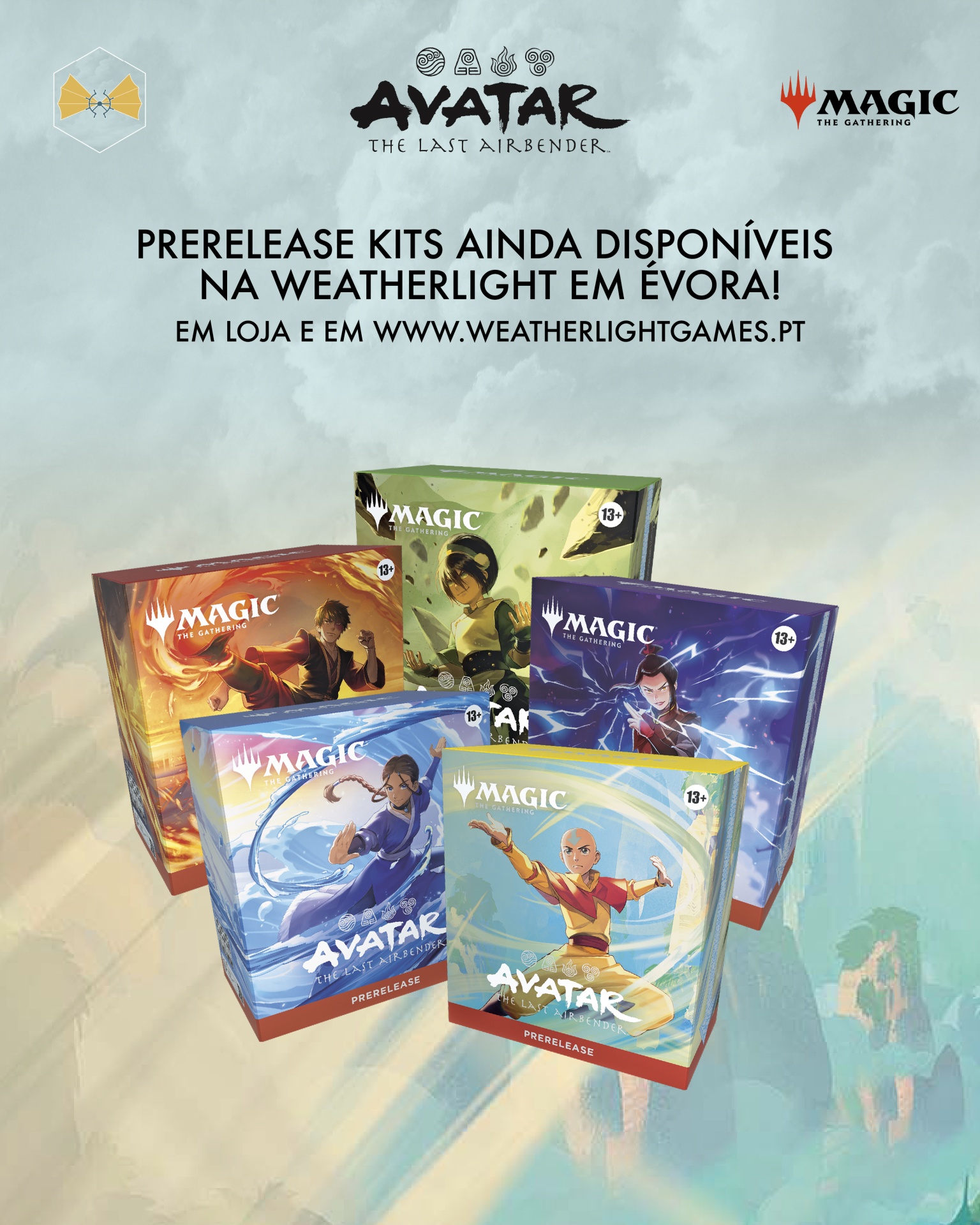 Cinco caixas coloridas de Magic: The Gathering com tema Avatar: The Last Airbender e texto promocional em português