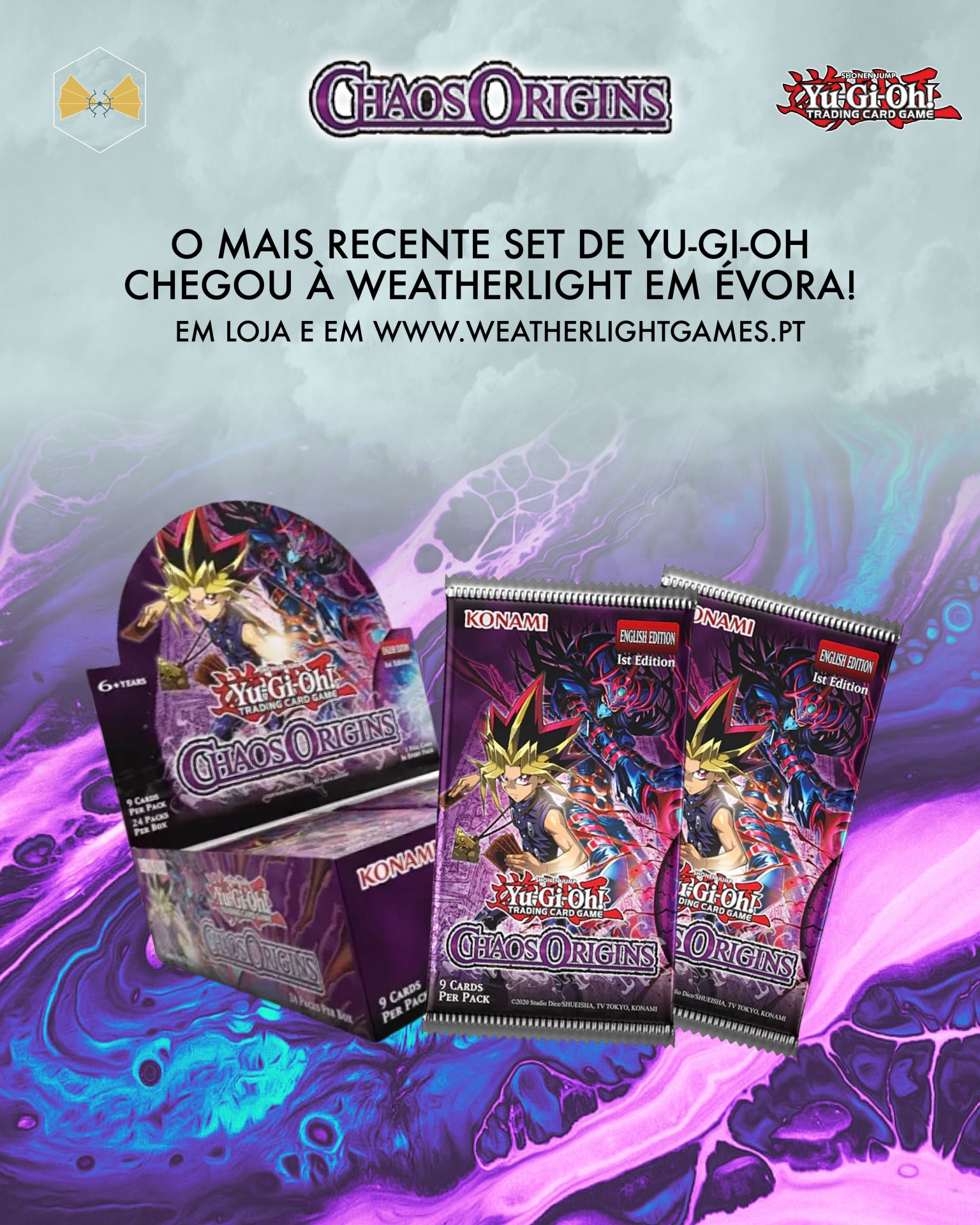 Packs e caixa de Yu-Gi-Oh! Chaos Origins sobre fundo roxo com texto promocional em português