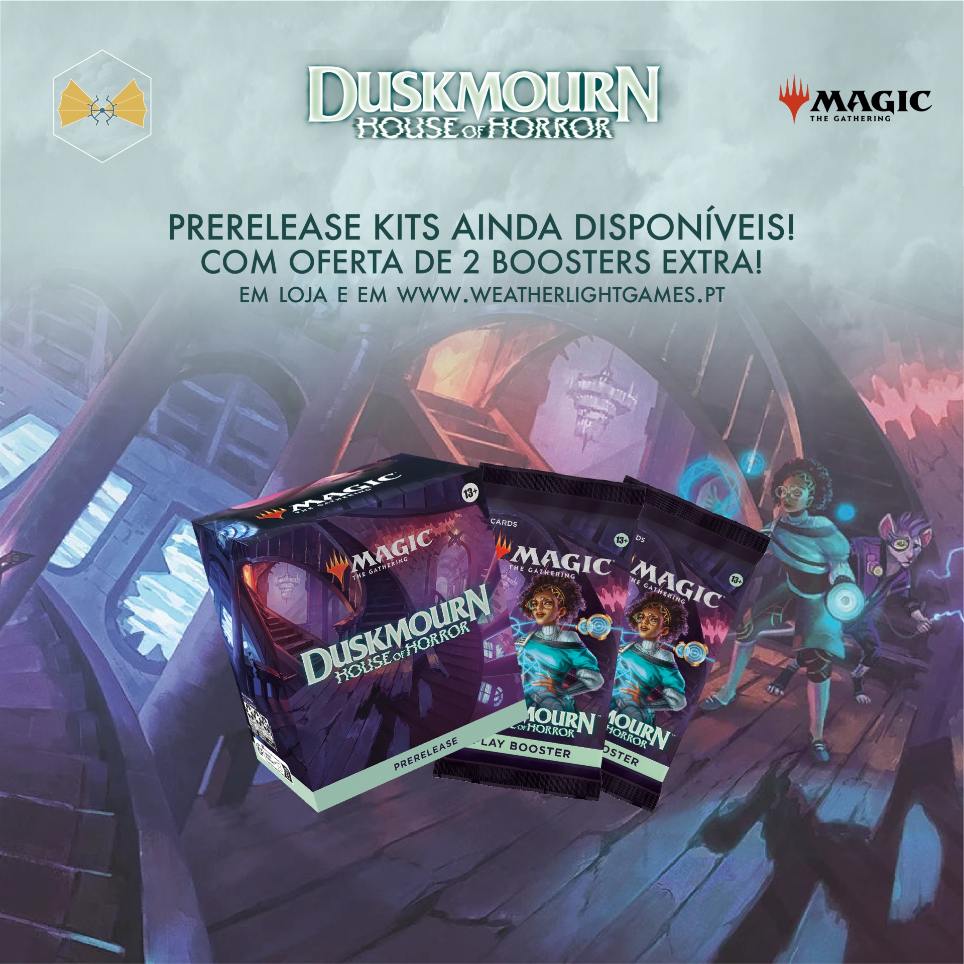 Pacotes e caixa do jogo Magic The Gathering Duskmoorn House of Horror com texto promocional em português