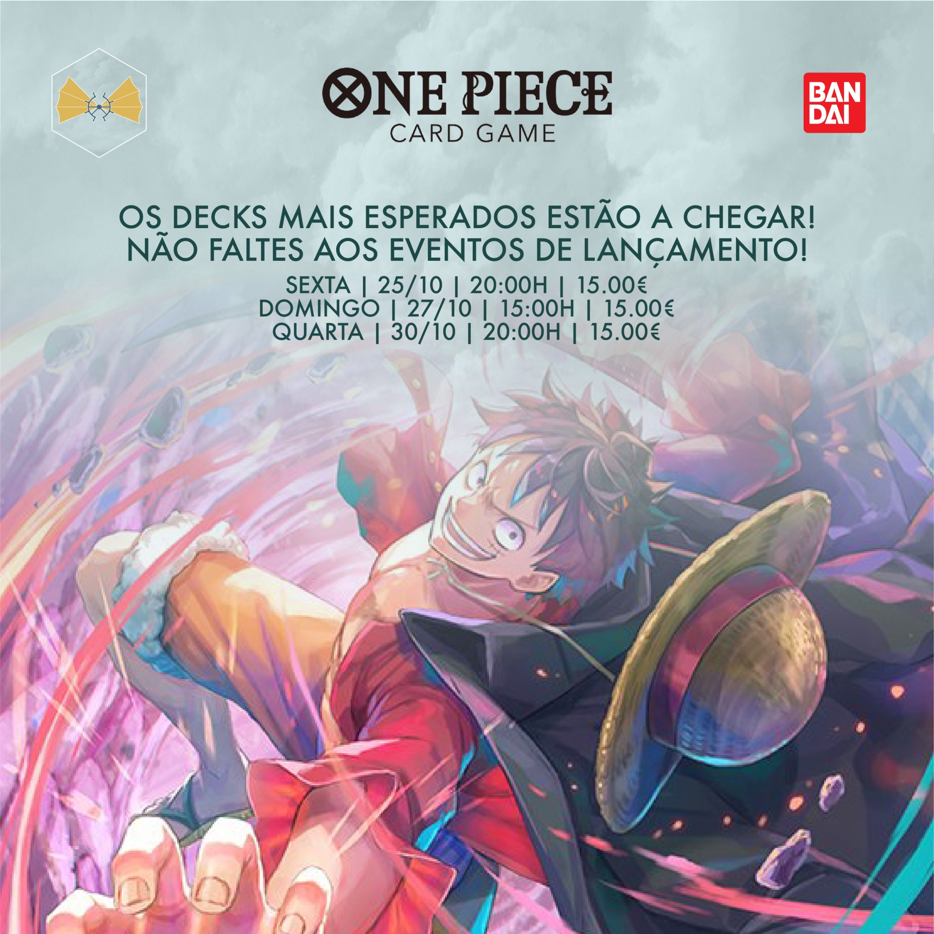 Cartaz do One Piece Card Game com personagem Luffy e texto de evento em português.