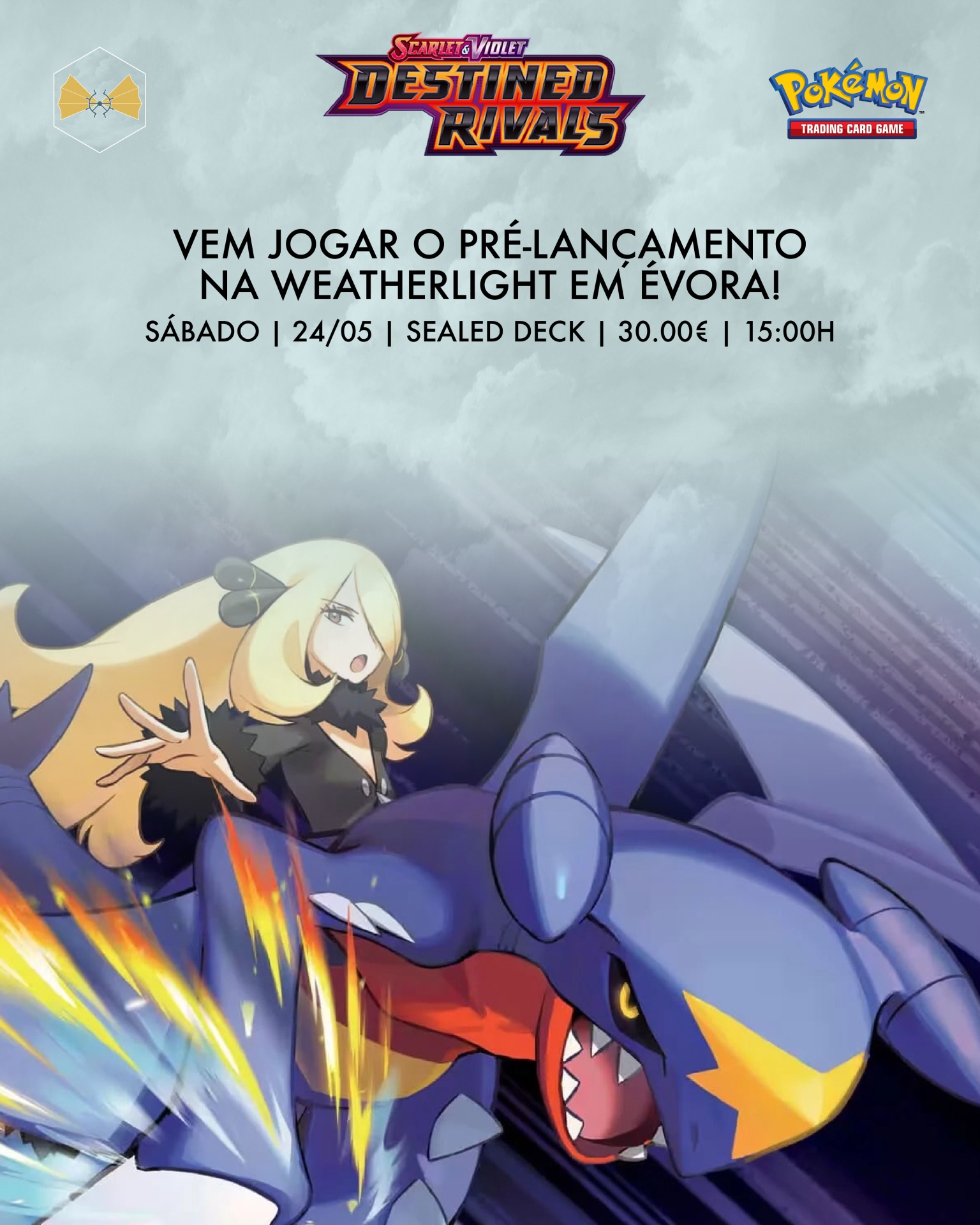 Cartaz promocional do Pokémon Trading Card Game com texto em português e ilustração de personagem feminina com Pokémon Garchomp