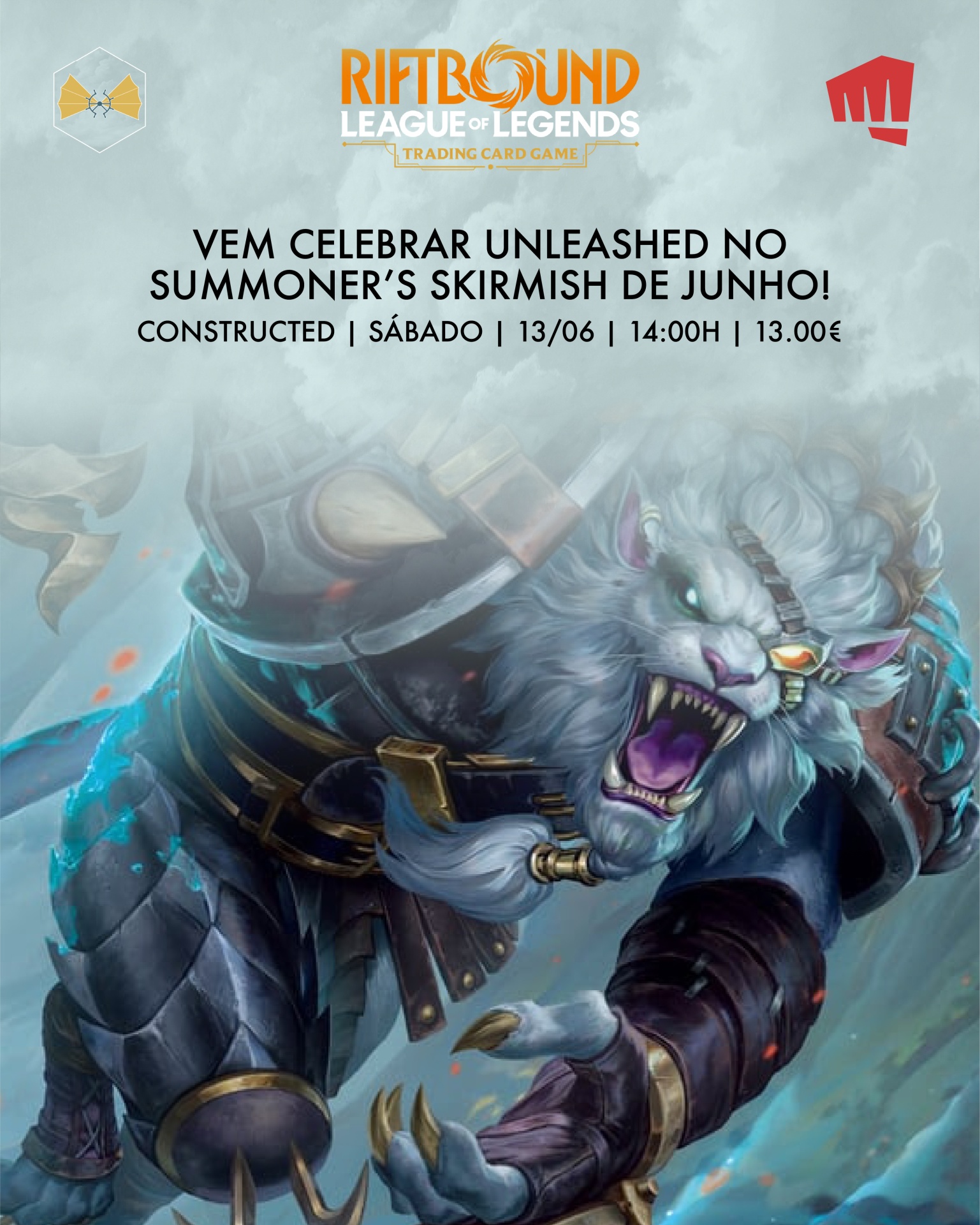 Cartaz promocional do jogo de cartas RIFTBOUND LEAGUE OF LEGENDS com texto e personagem felino com armadura metálica.