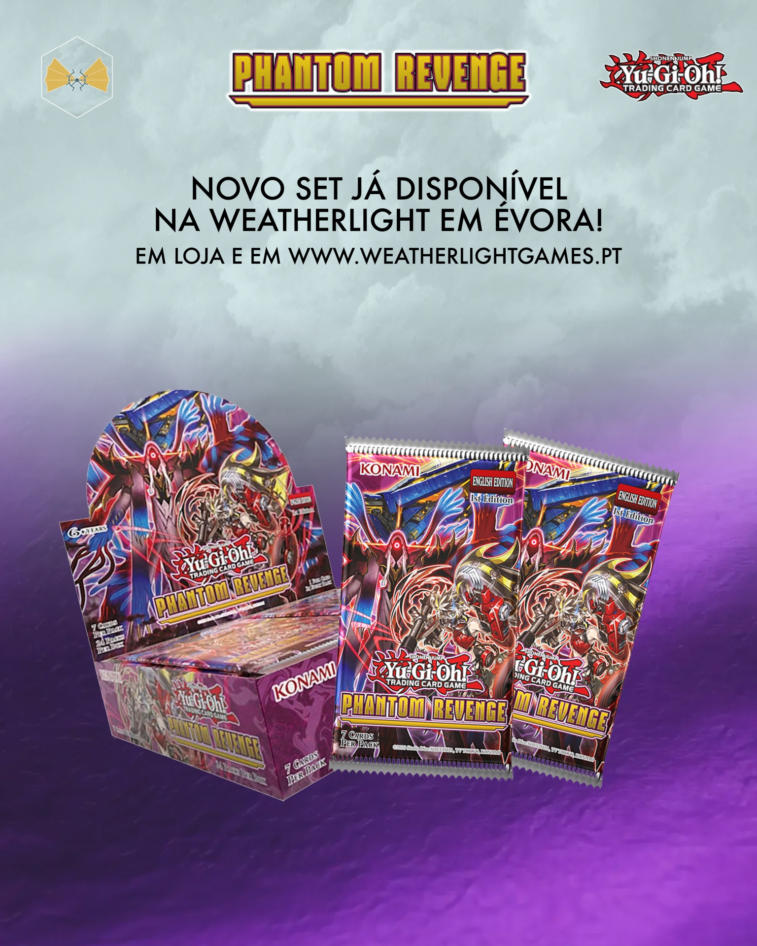 Pacotes do jogo de cartas Phantom Revenge Yu-Gi-Oh! com expositor e texto promocional em português.