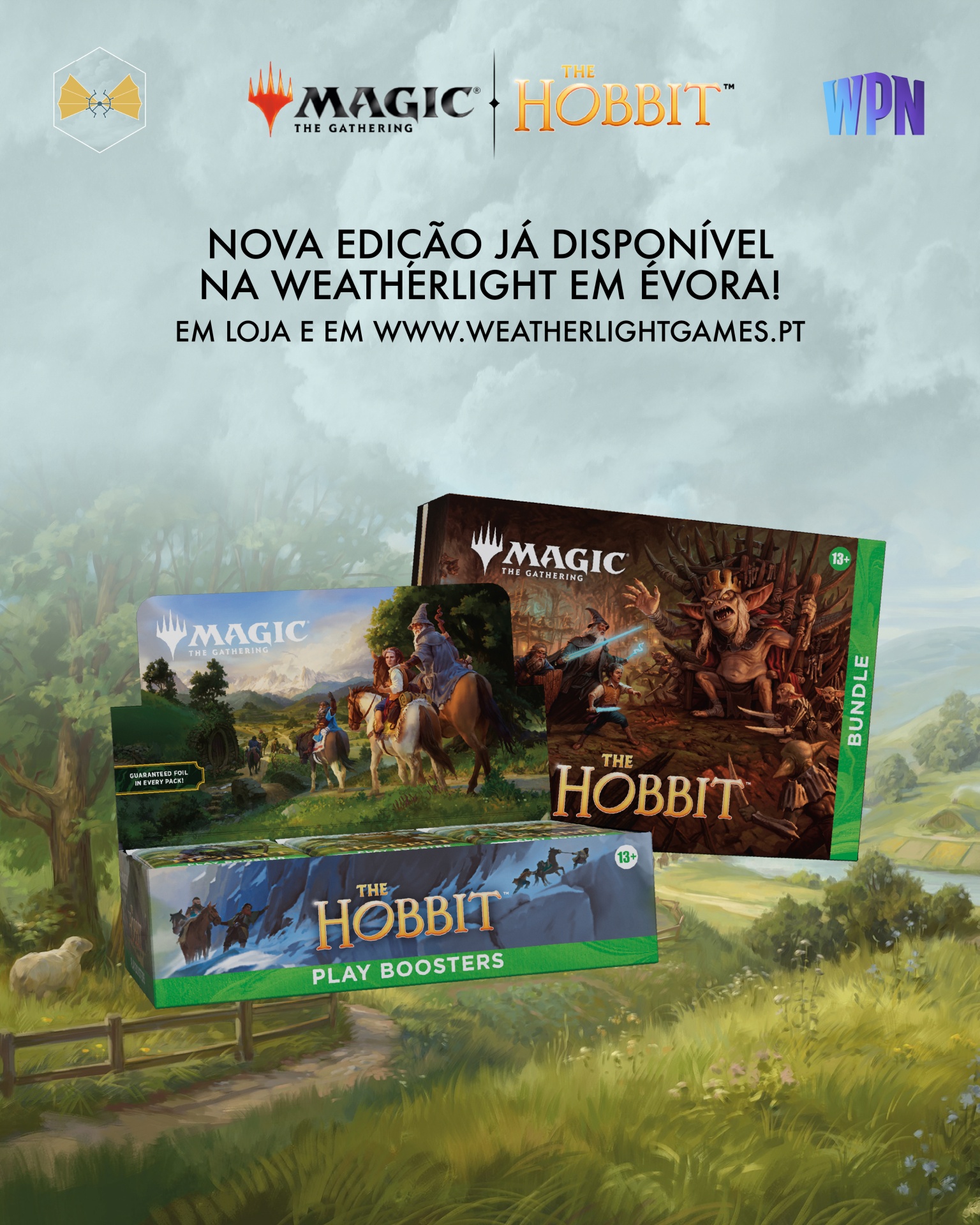 Caixas do jogo Magic The Gathering The Hobbit num anúncio com texto promocional em português.
