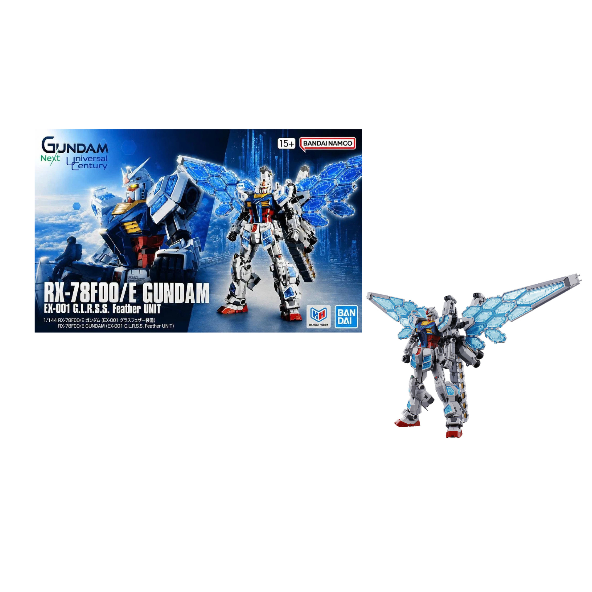 Model Kit: 1/144 RX-78F00/E Gundam (EX-001 G.L.R.S.S. Feather Unit) Figura RX-78F00/E Gundam com asas azuis, marca Bandai Namco e fundo tecnológico azul.