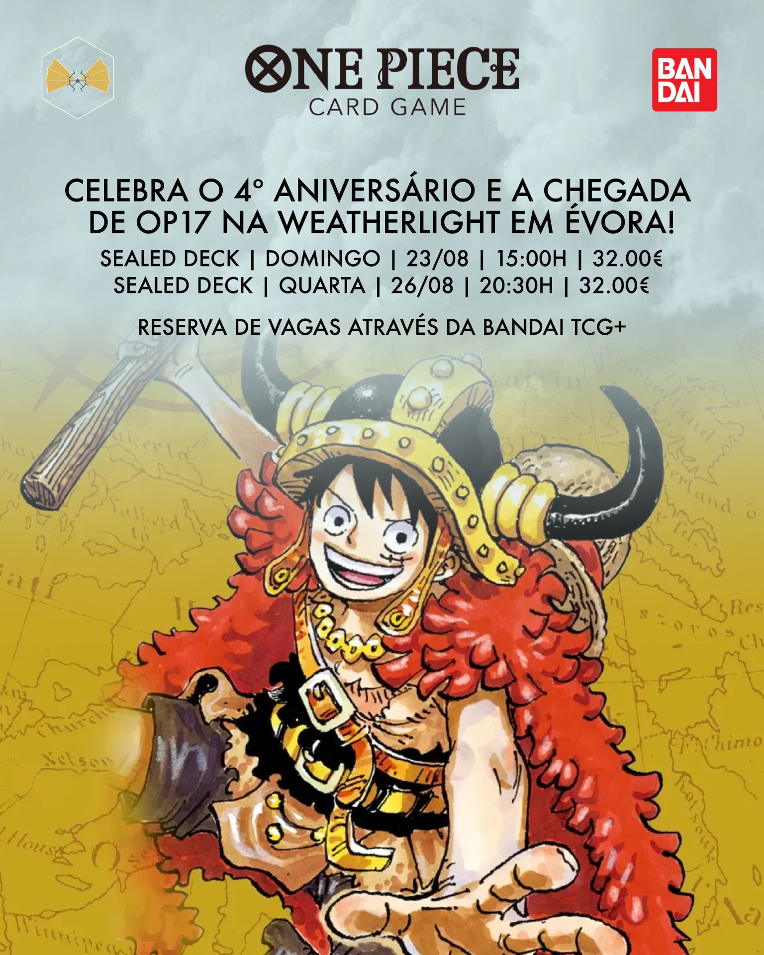 Cartaz promocional do jogo de cartas One Piece com personagem e texto em português.