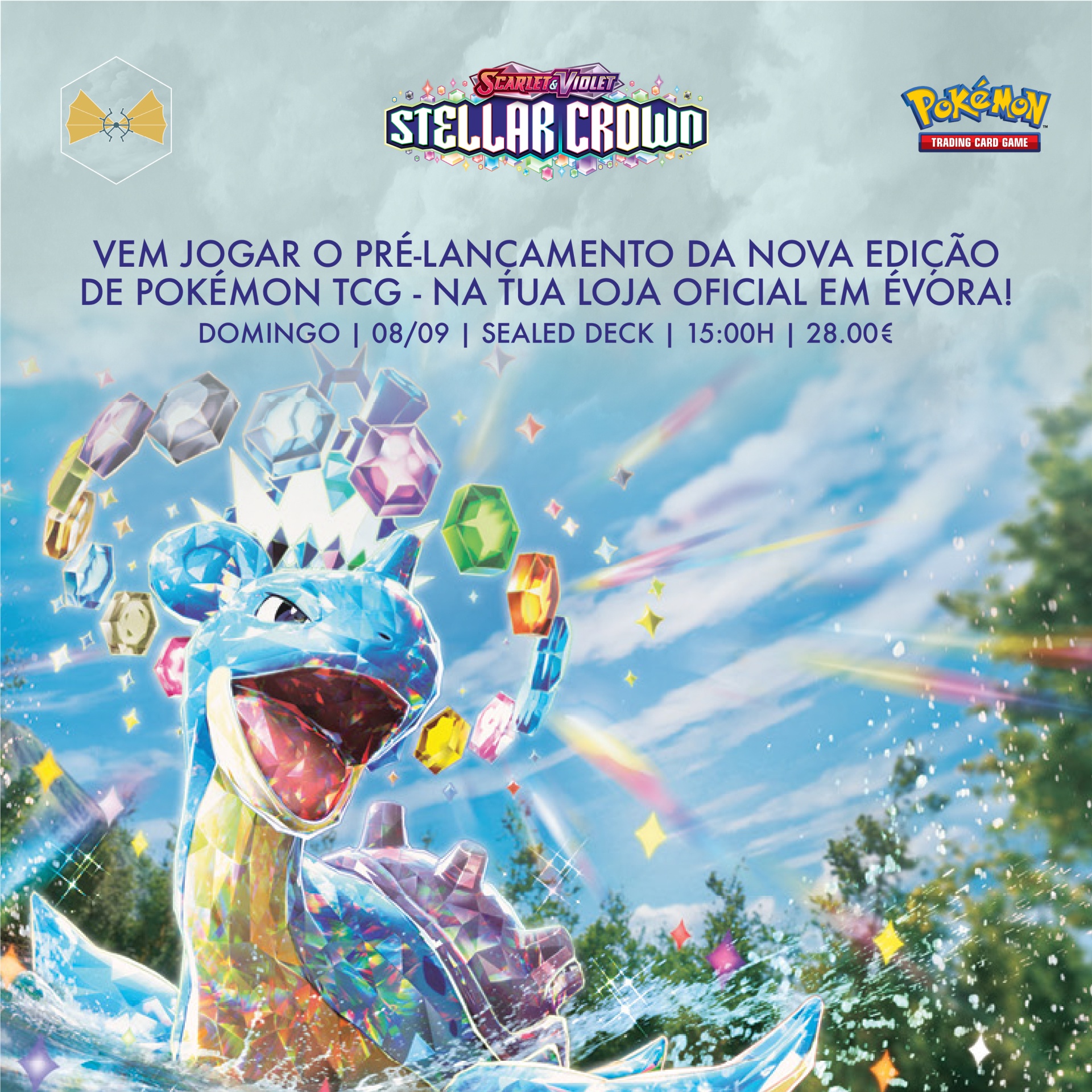 Cartaz do evento pré-lançamento Pokémon TCG Scarlet & Violet Stellar Crown com imagem de Pokémon cristalizado