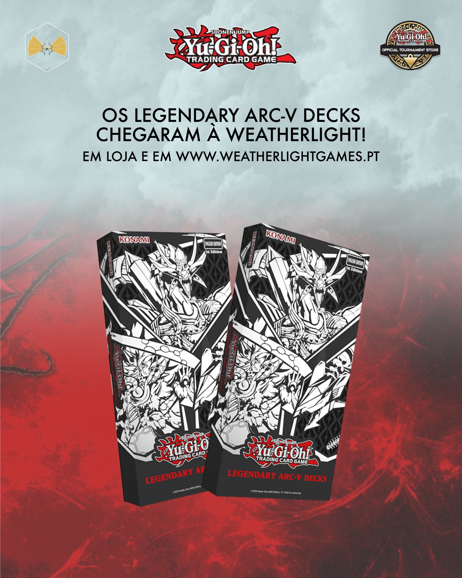 Caixas pretas das Legendary Arc-V Decks de Yu-Gi-Oh! sobre fundo vermelho e cinzento