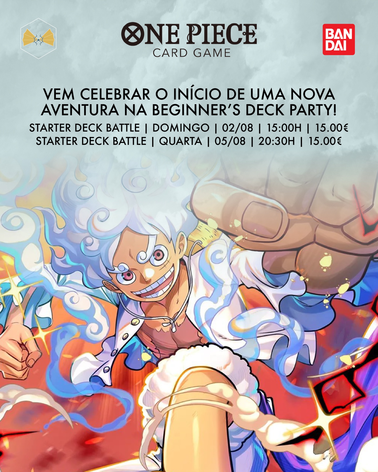 Cartaz do jogo de cartas ONE PIECE CARD GAME com evento STARTER DECK BATTLE e ilustração de personagem de anime