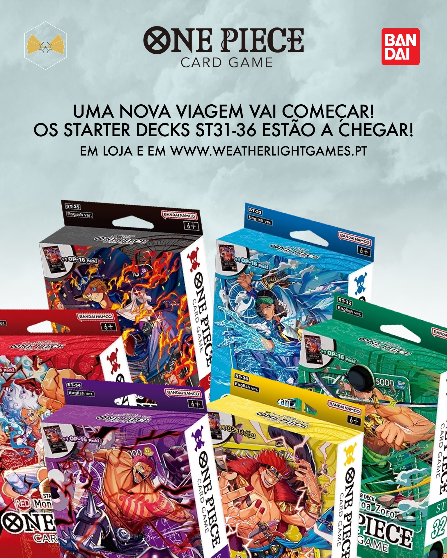 Imagem promocional do jogo de cartas One Piece Card Game com caixas coloridas dos starter decks e texto em português.