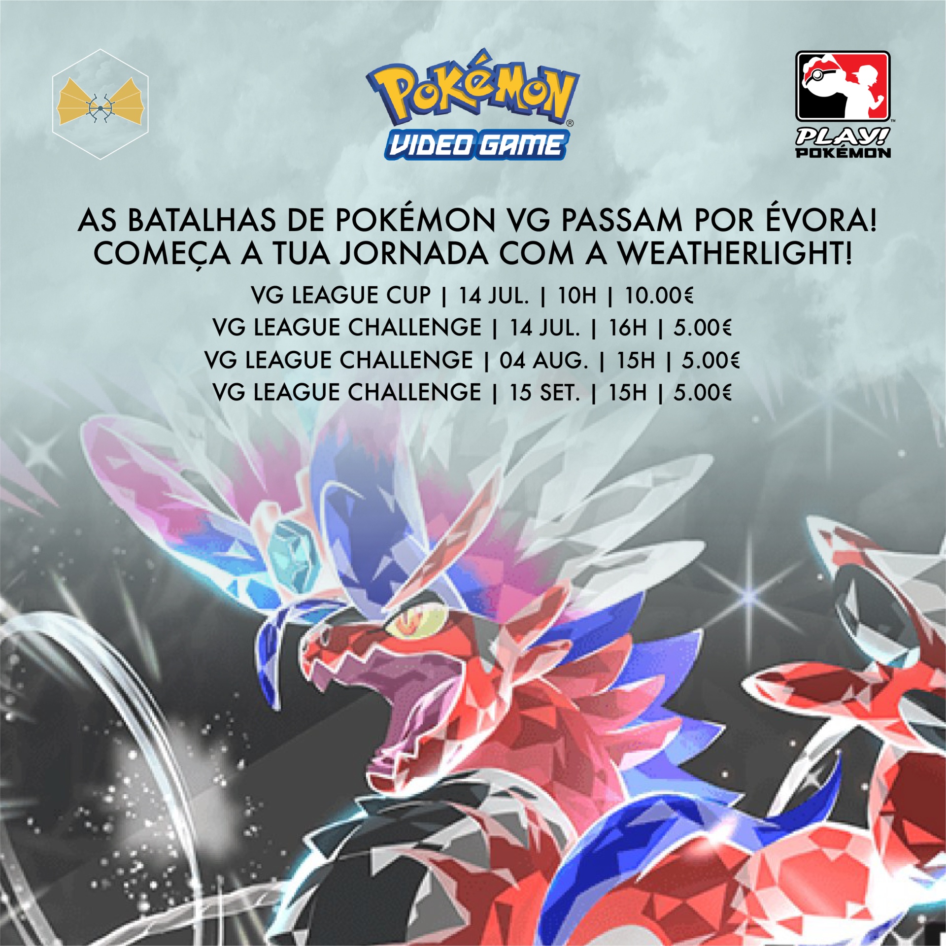 Imagem promocional de Pokémon com informações de torneios e um Pokémon estilizado em várias cores.