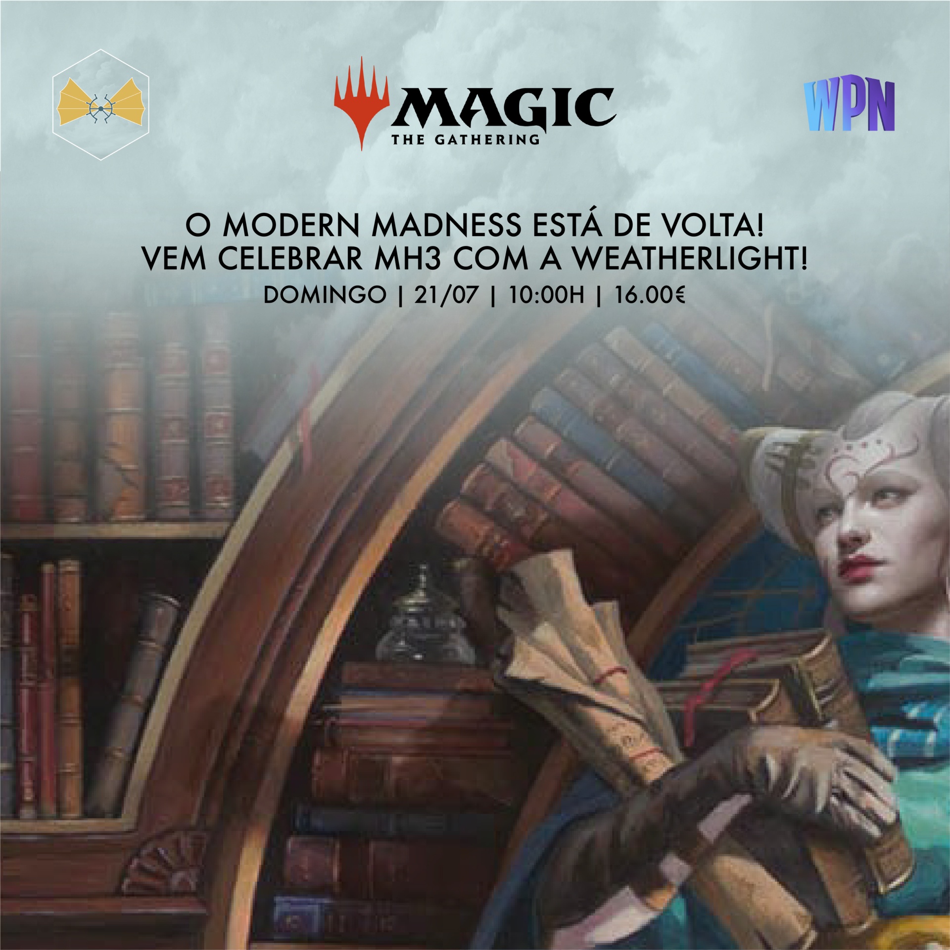 Promoção de evento Magic: The Gathering com texto sobre fundo de biblioteca e figura feminina segurando pergaminhos