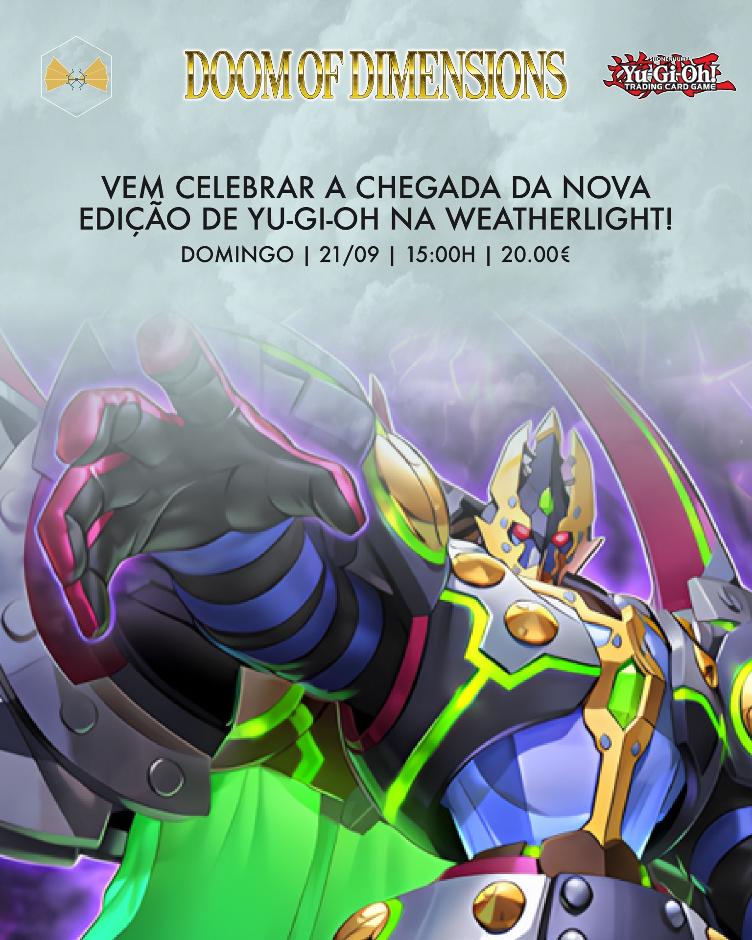 Cartaz do evento DOOM OF DIMENSIONS com personagem de jogo Yu-Gi-Oh colorido
