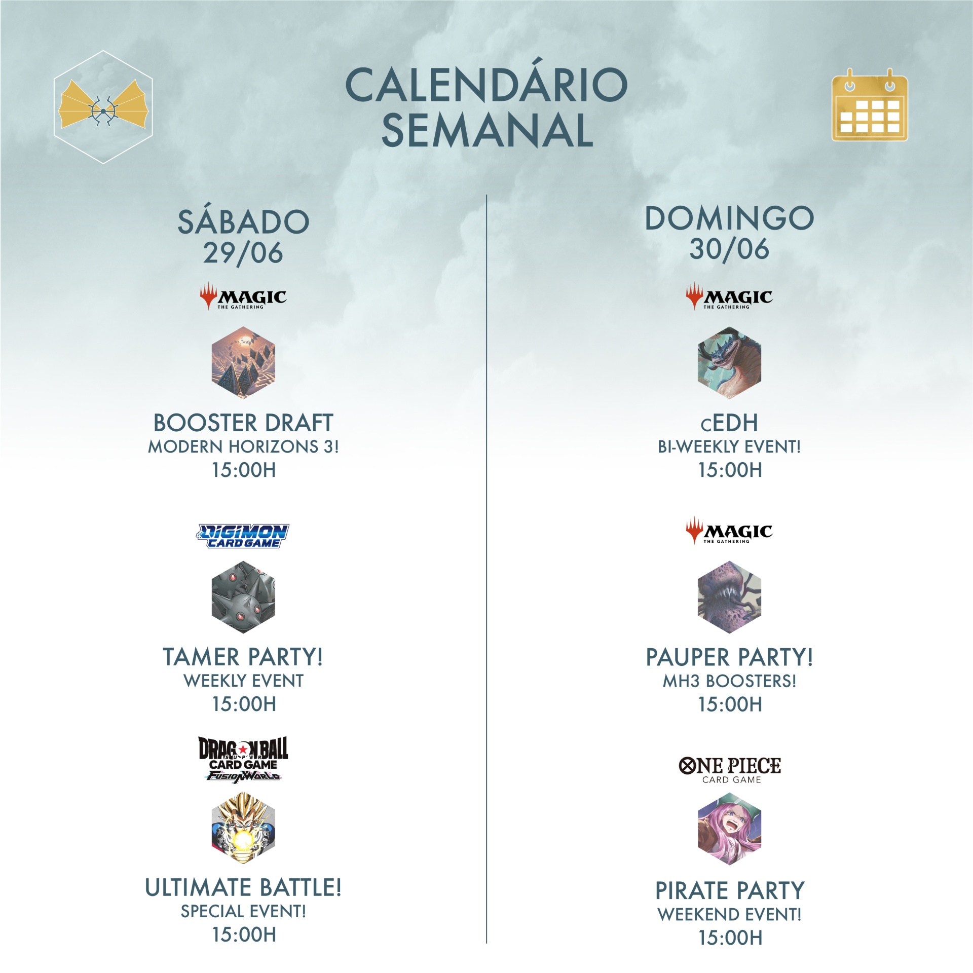 Calendário semanal de eventos para jogos com datas 29/06 e 30/06 e horários às 15:00H