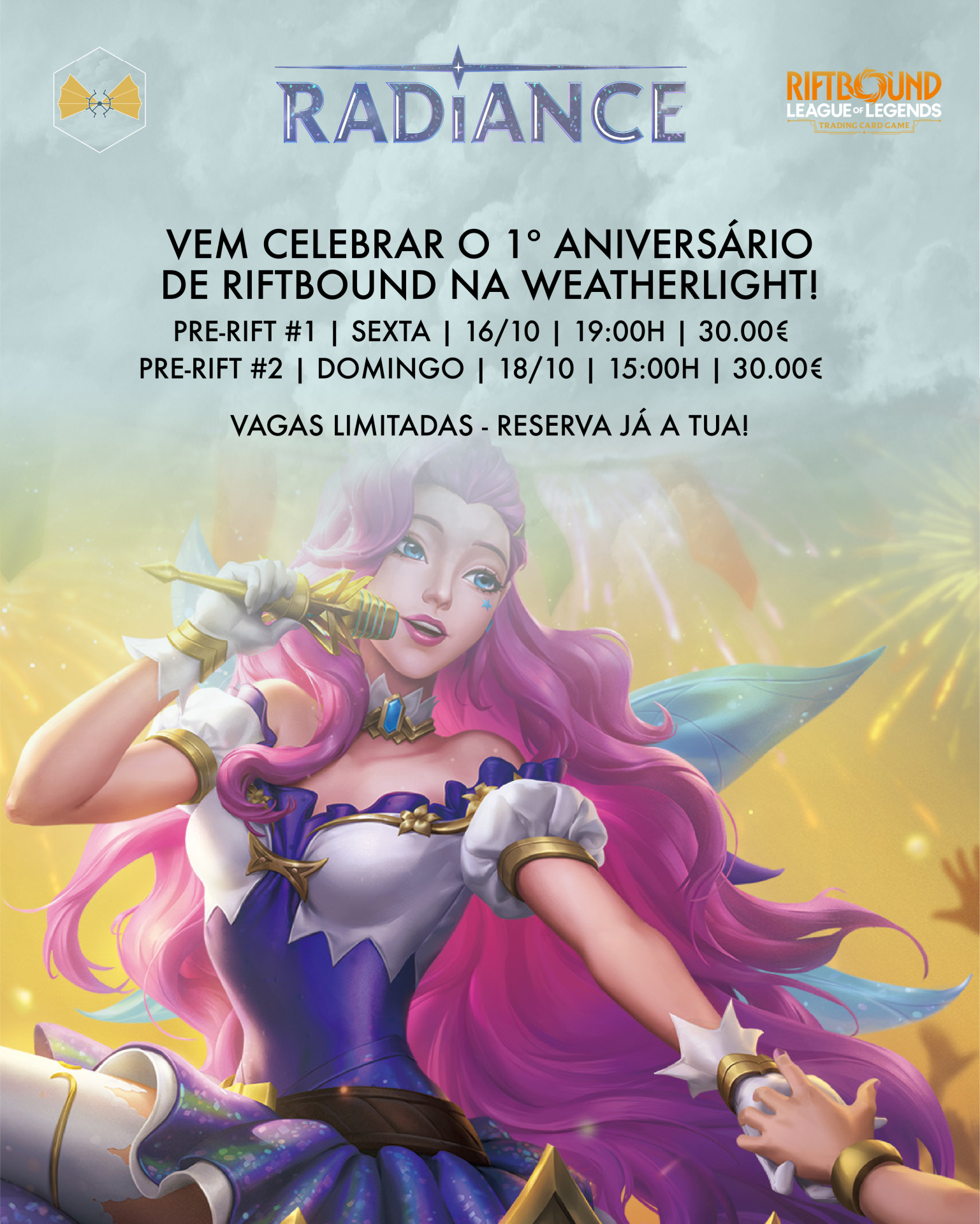 Cartaz promocional do 1º aniversário de Riftbound com personagem feminina de cabelos rosa e texto em português