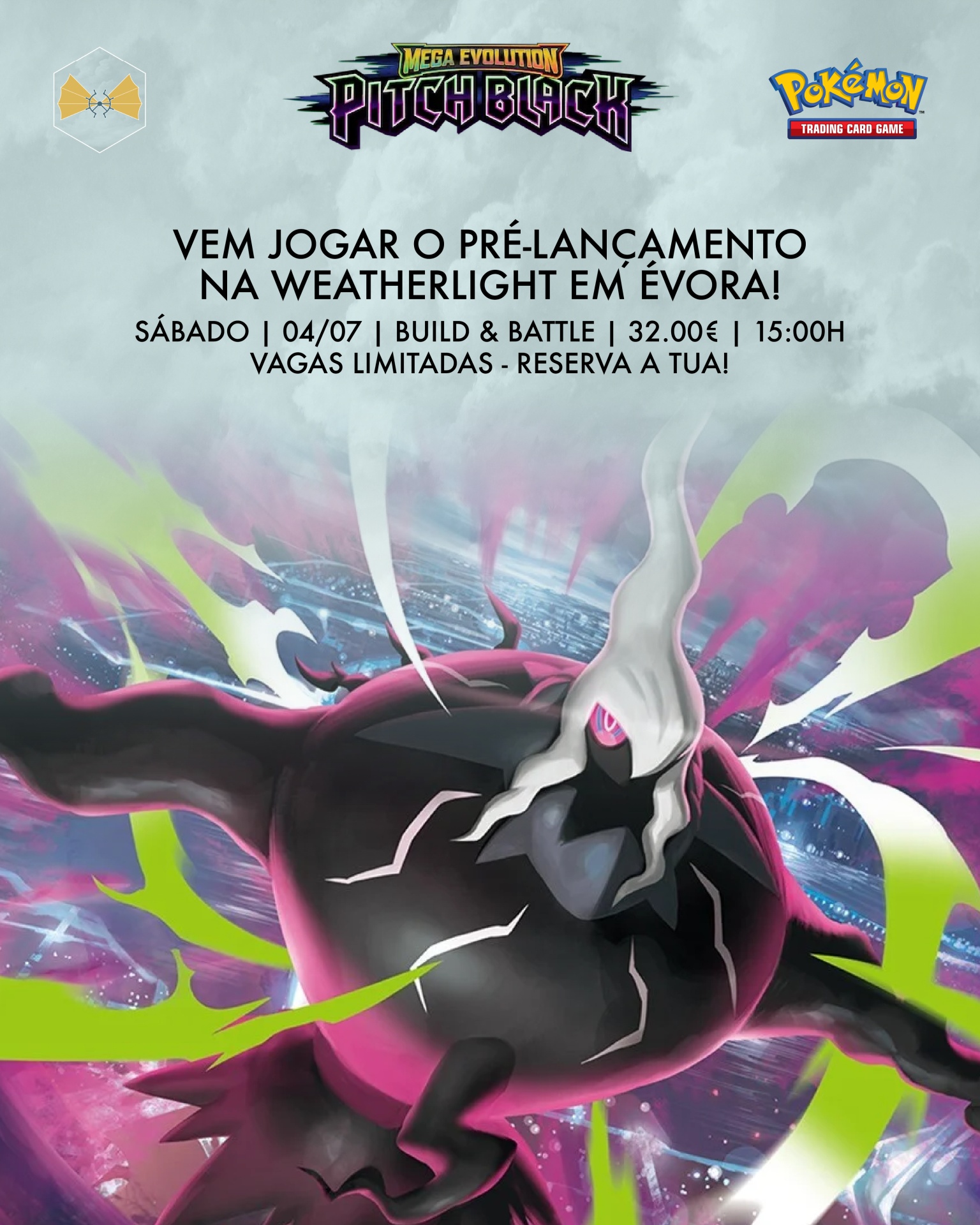 Promoção pré-lançamento Pokémon Mega Evolution Pitch Black na Weatherlight em Évora com personagem preto e roxo.