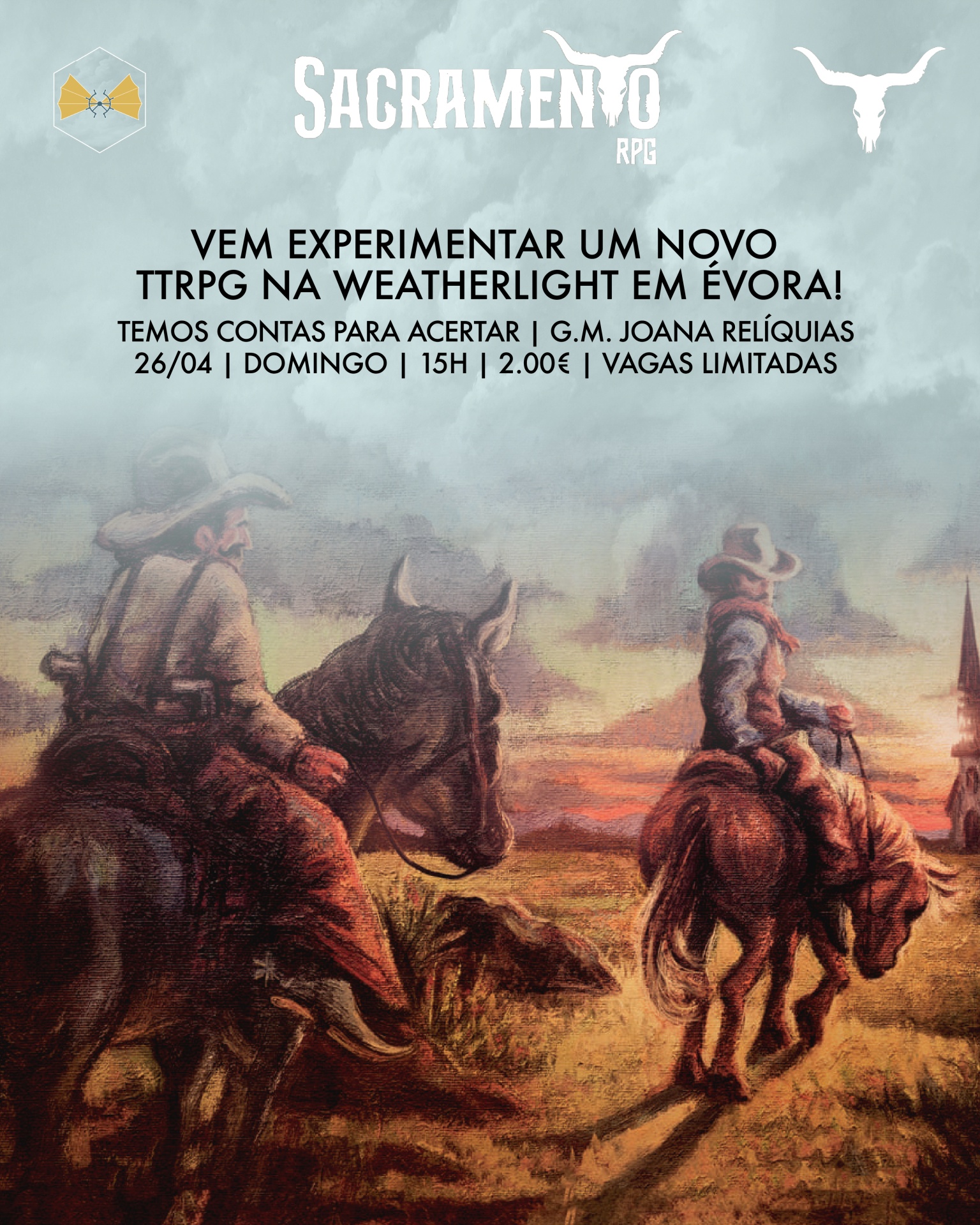 Ilustração de cowboys a cavalo ao pôr do sol com texto promocional de evento RPG Sacramento em Évora