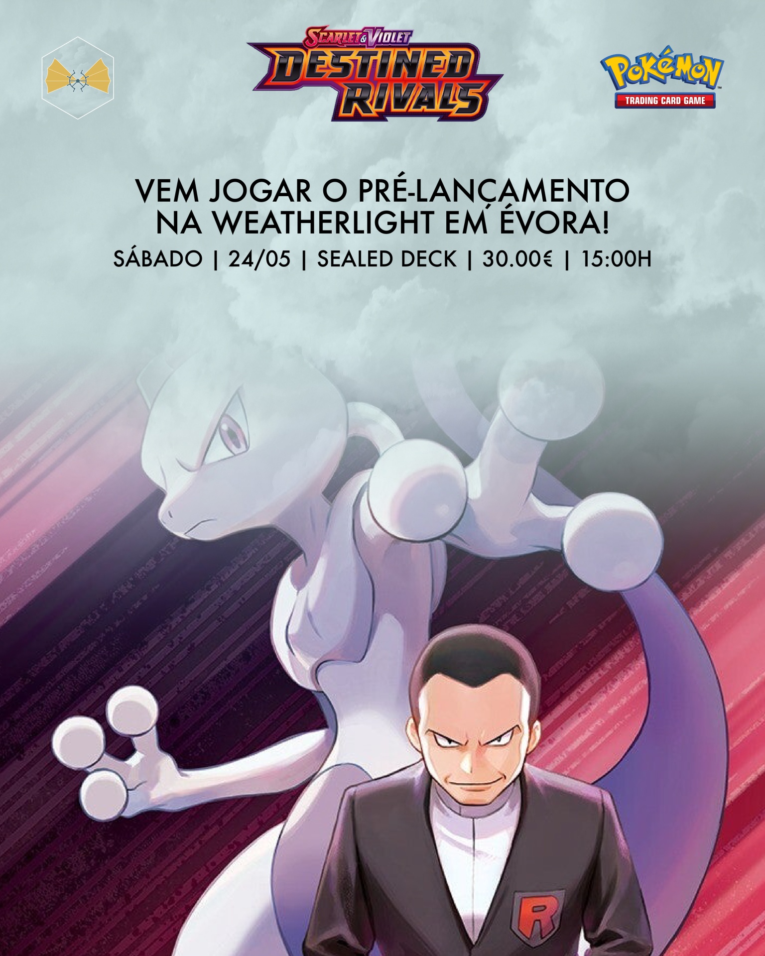 Cartaz promocional Pokémon Scarlets Violet DESTINED RIVALS pré-lançamento Weatherlight Évora com Mewtwo e personagem de anime