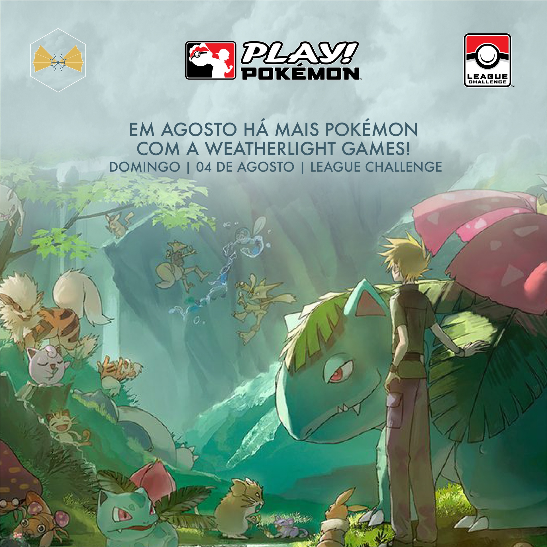 Imagem promocional do jogo Pokémon com texto de evento em agosto e vários Pokémon e personagens em cenário natural