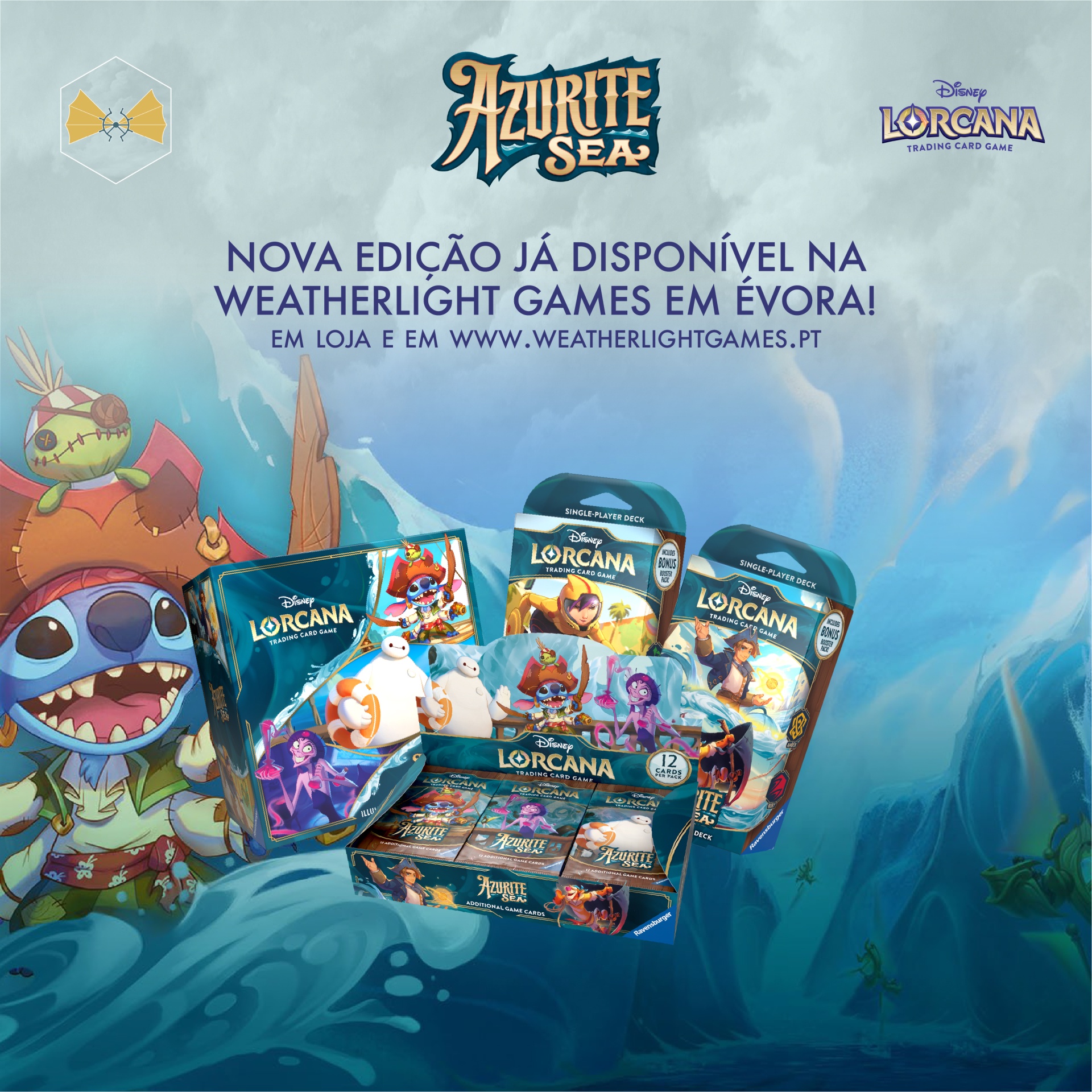 Pacotes e caixas do jogo de cartas Disney Lorcana com personagens coloridos em fundo azul e texto promocional em português