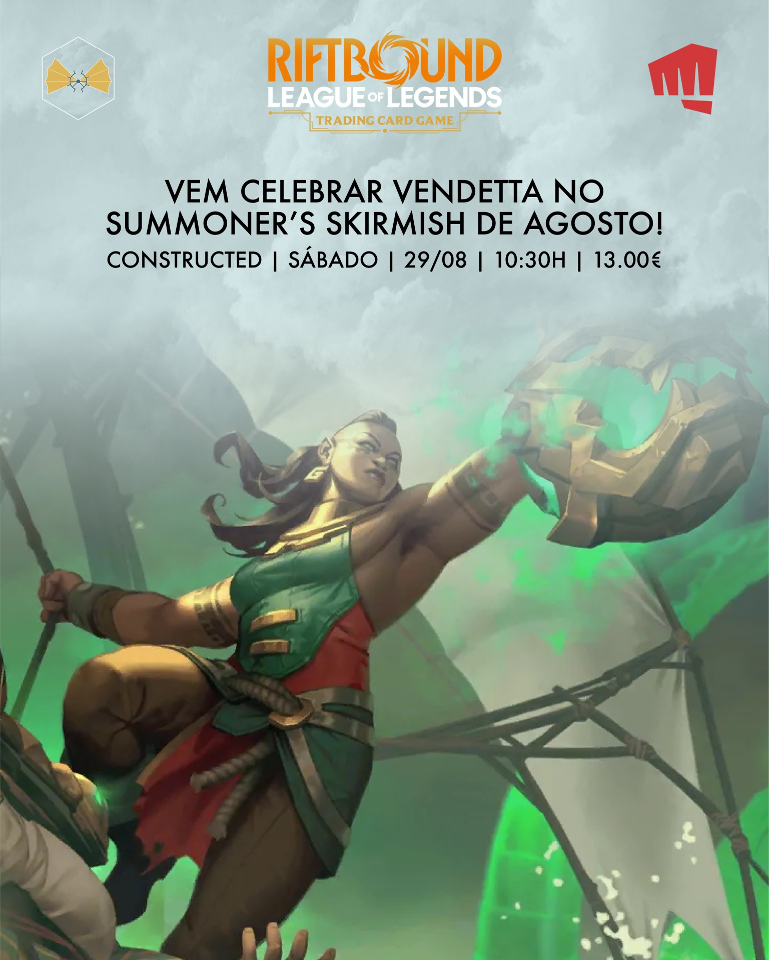 Promoção do jogo de cartas Riftbound League of Legends com personagem feminina e informações de evento