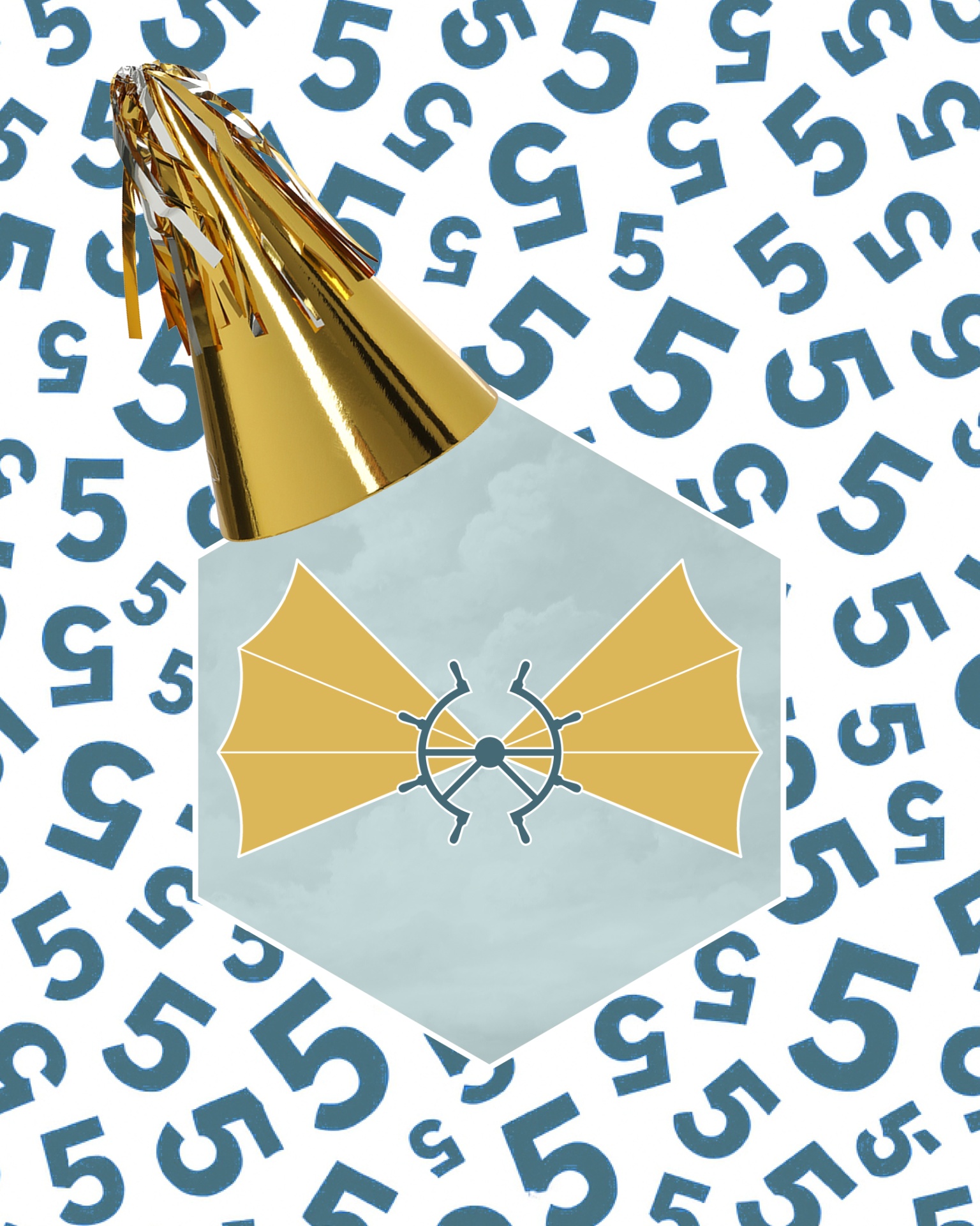 Cone de festa dourado com logótipo de asas e fundo com números 5
