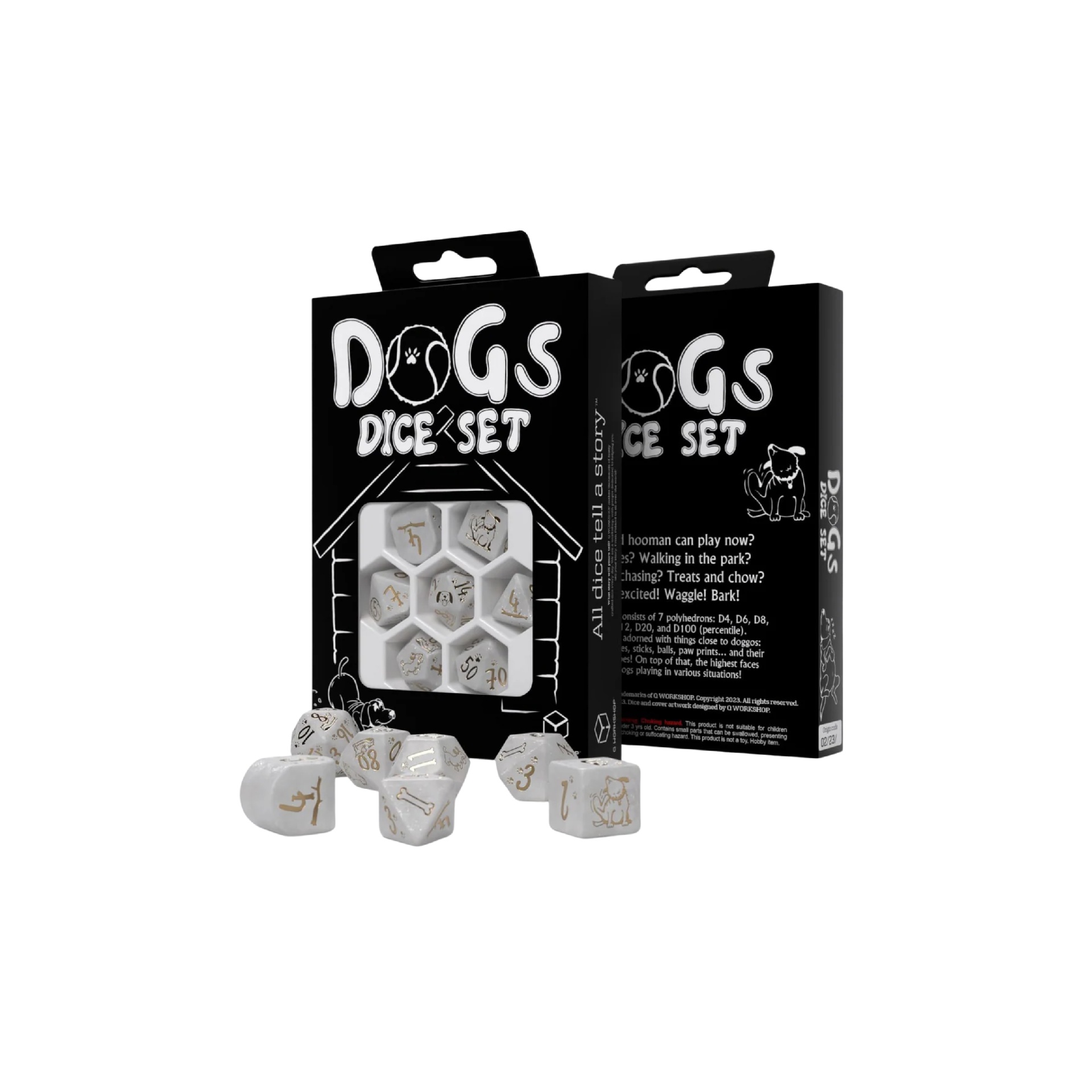 Q-workshop - Modern Dice Set - DOGS - Charlie (7pcs) Conjunto de dados Dogs Dice Set em embalagem preta com dados brancos e dourados