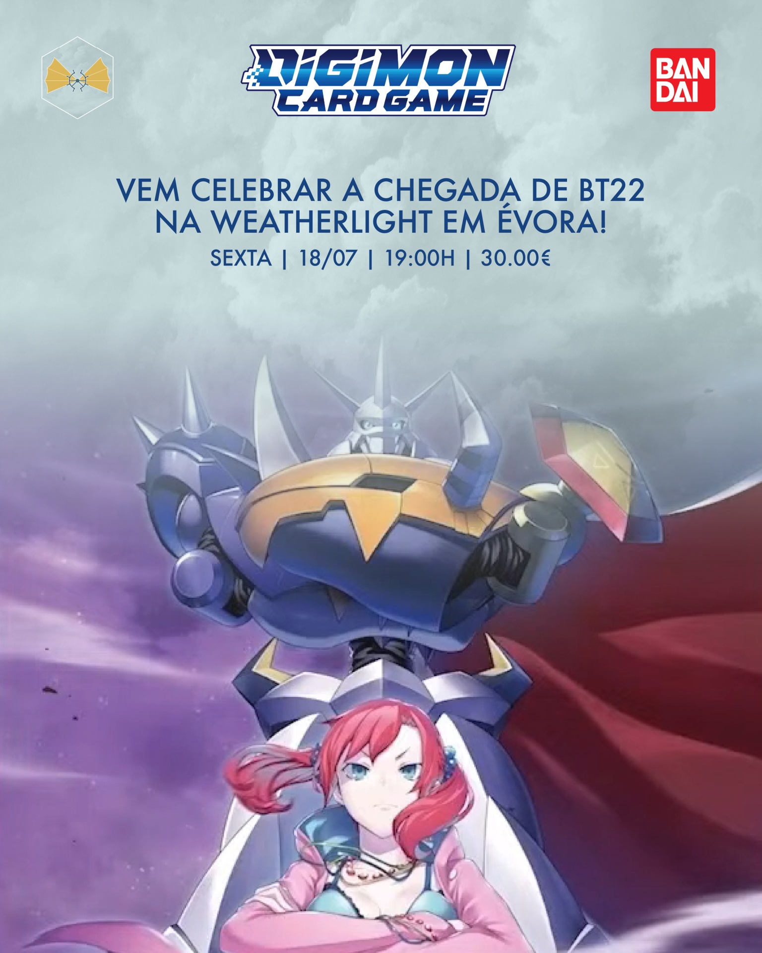 Imagem promocional do jogo Digimon Card Game com personagens e detalhes do evento em Évora