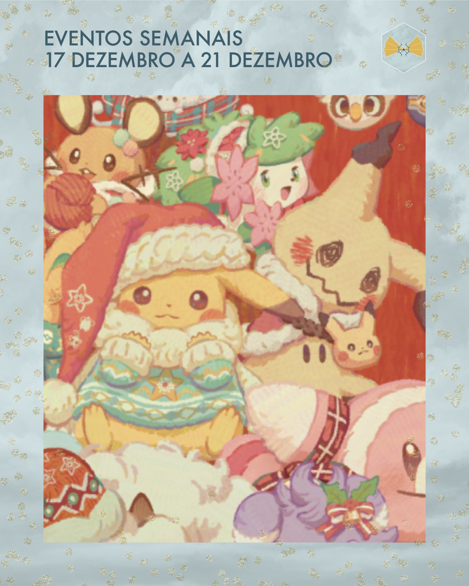 Eventos semanais na tua Local Game Store em Évora! ⛵️ Personagens Pokémon animados em roupas festivas e texto de eventos semanais em fundo azul
