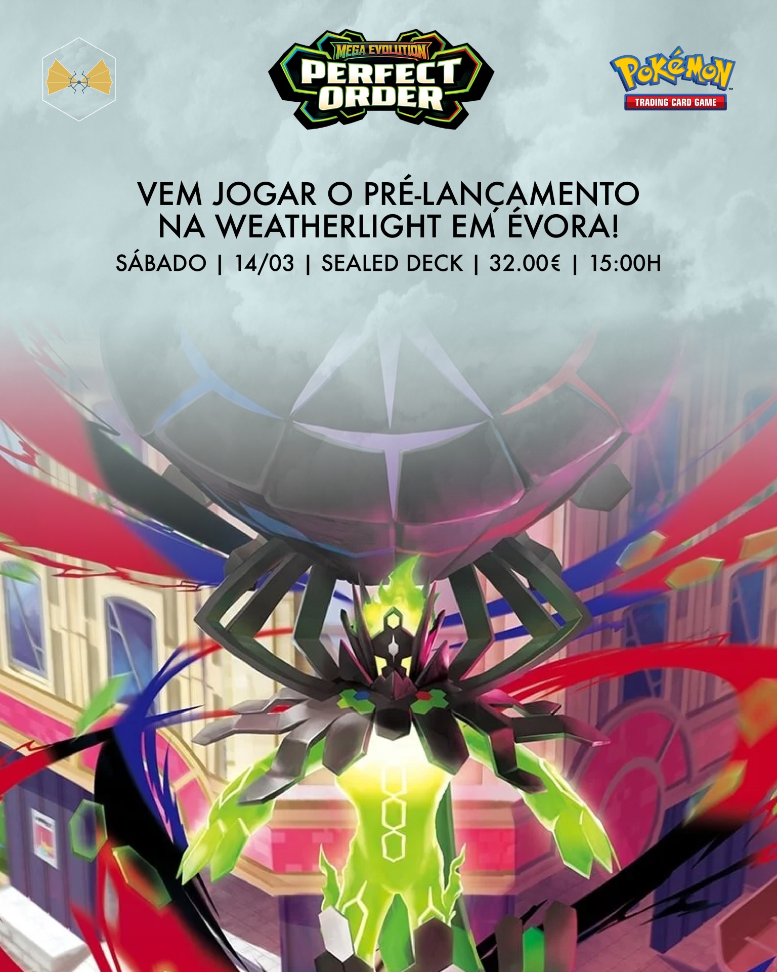Imagem promocional do jogo Pokémon Trading Card Game para pré-lançamento em Évora com personagem colorido e texto do evento.