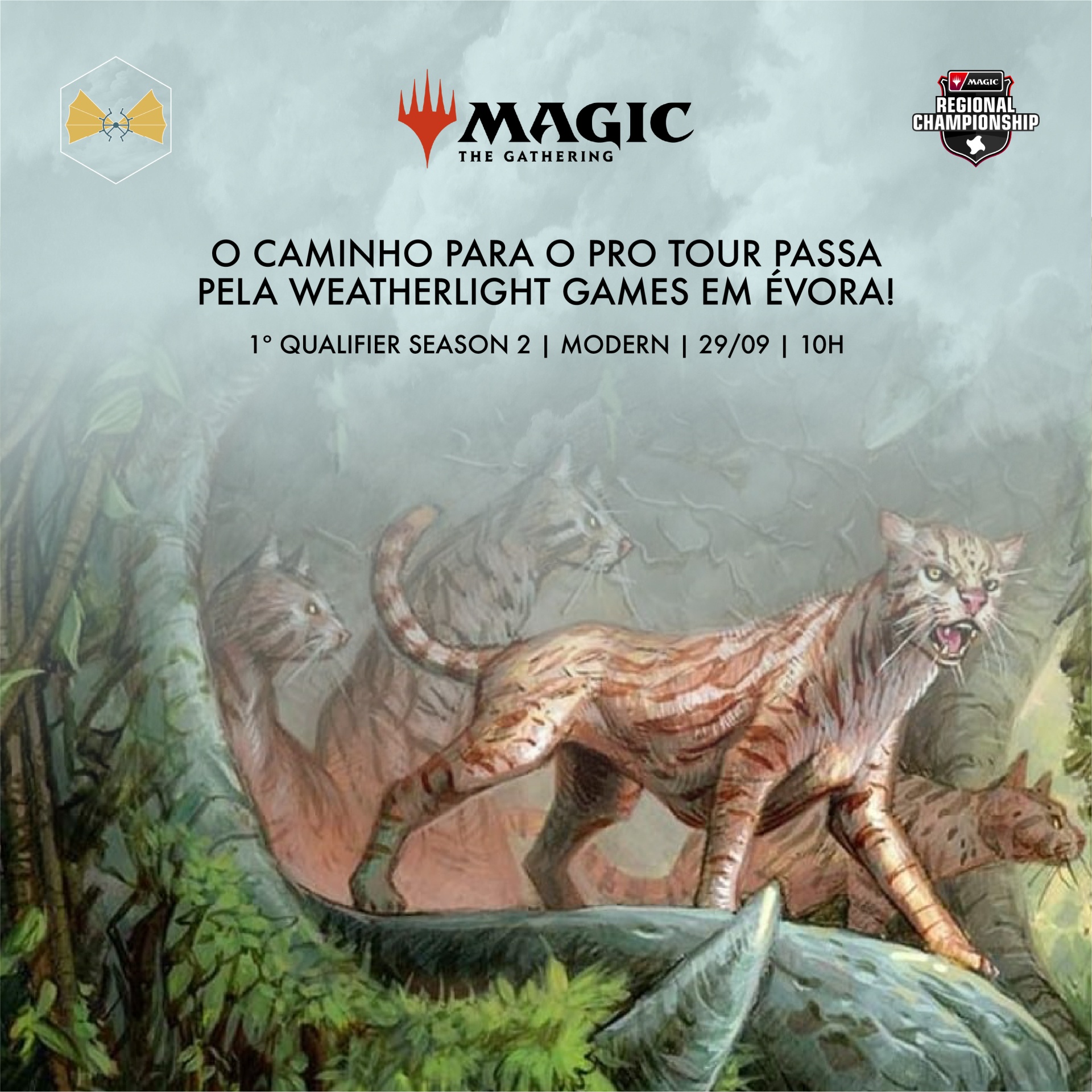 Promoção Magic The Gathering com tigres e texto em português para evento em Évora