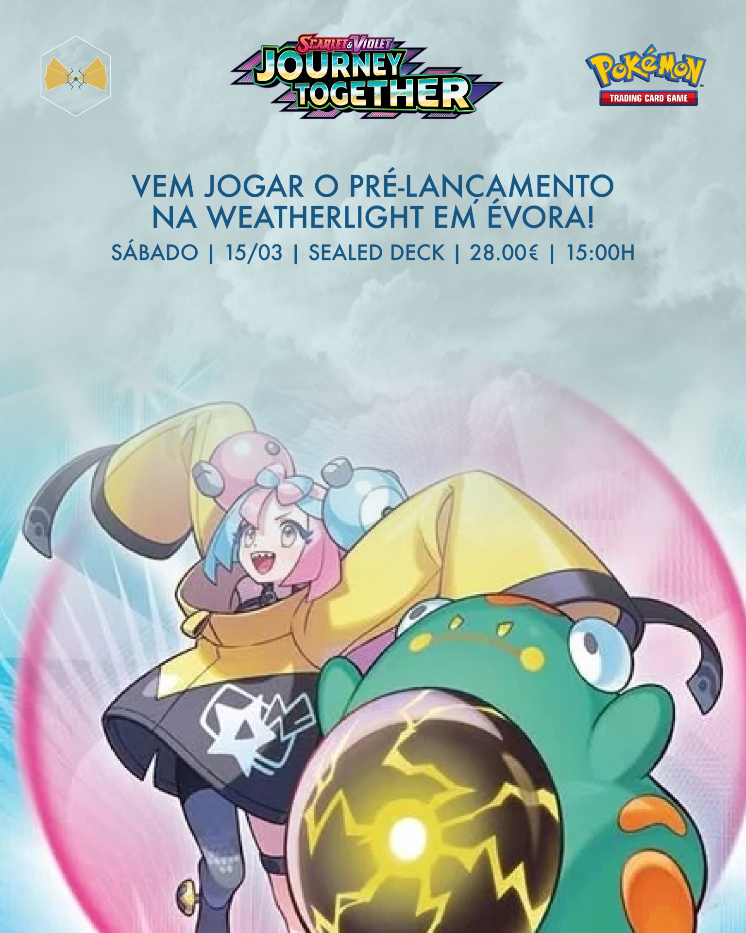 Cartaz promocional do jogo Pokémon com personagens e texto de evento em Évora