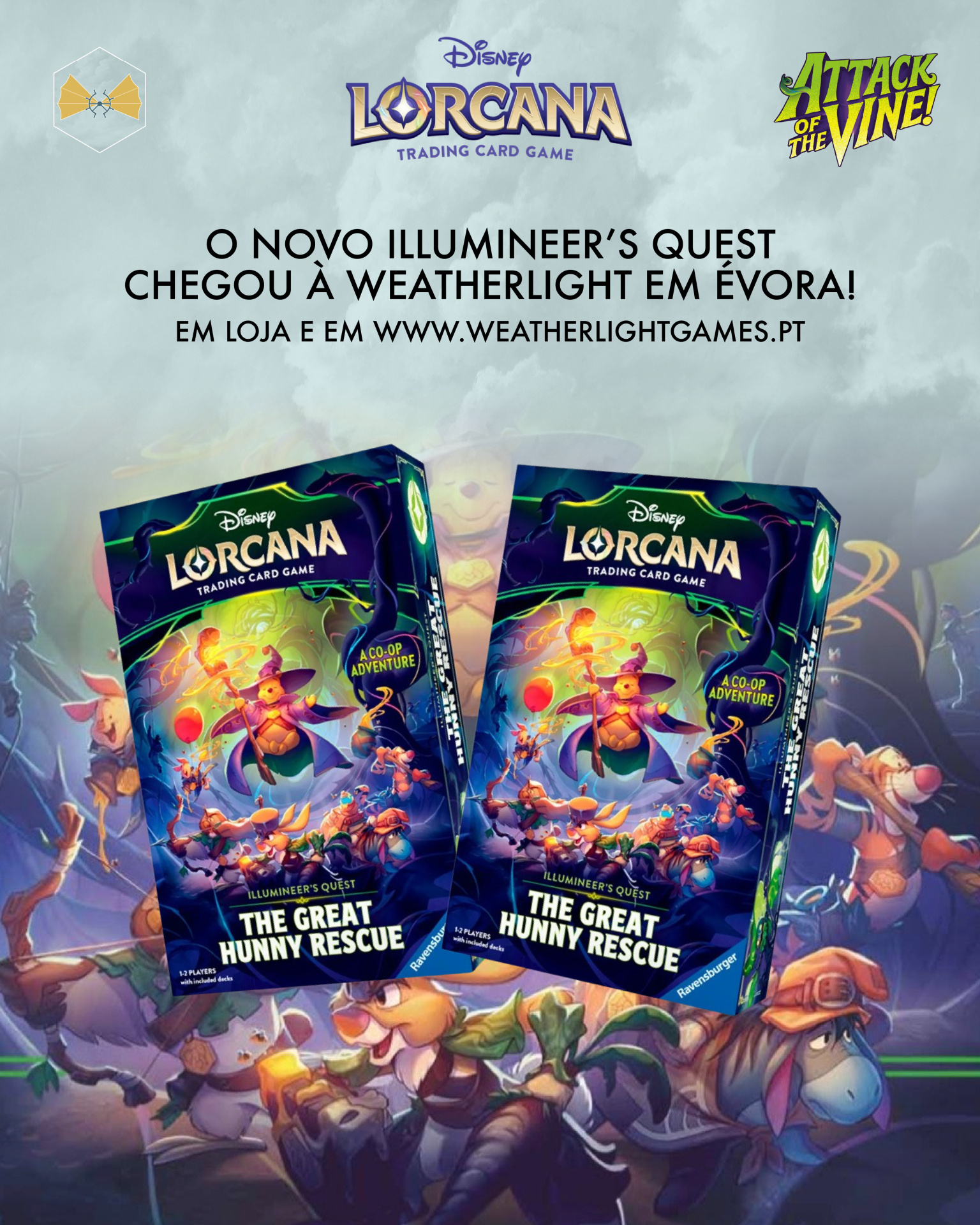 Caixas do jogo Disney Lorcana em fundo com personagens animados