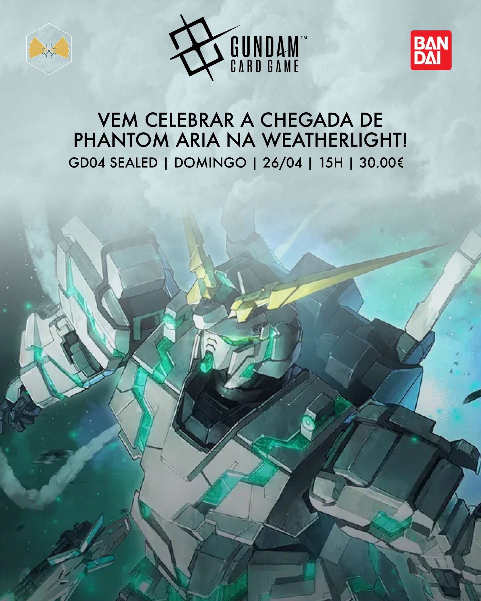 Promoção do jogo de cartas Gundam com figura robótica gigante cinzenta e texto em português