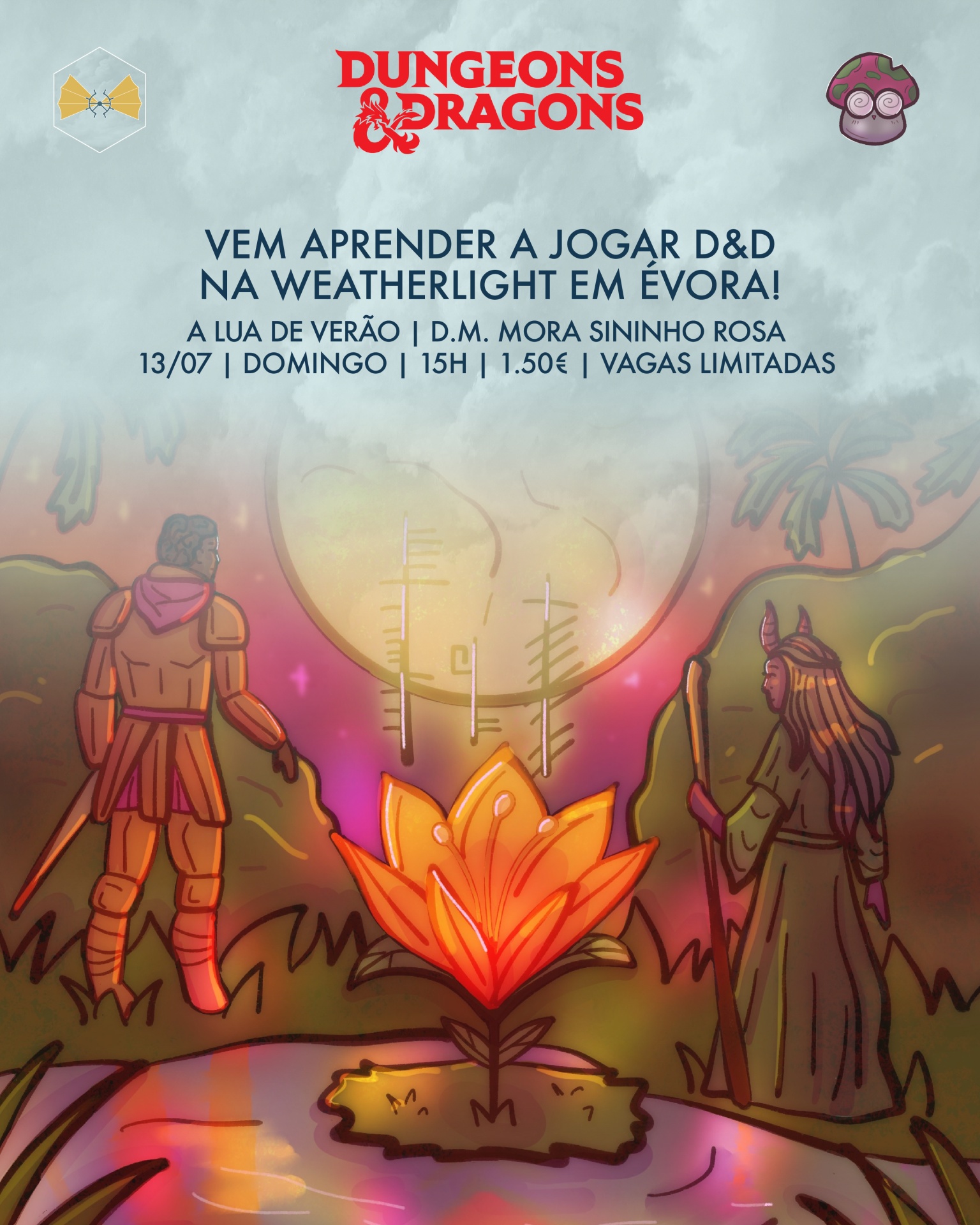 Flyer promocional Dungeons & Dragons com personagem de armadura e personagem com cajado junto a fogueira