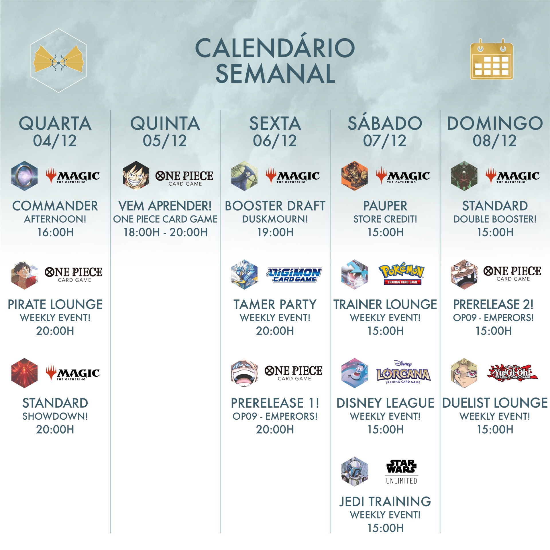 Calendário semanal de eventos de jogos de cartas com datas e horários