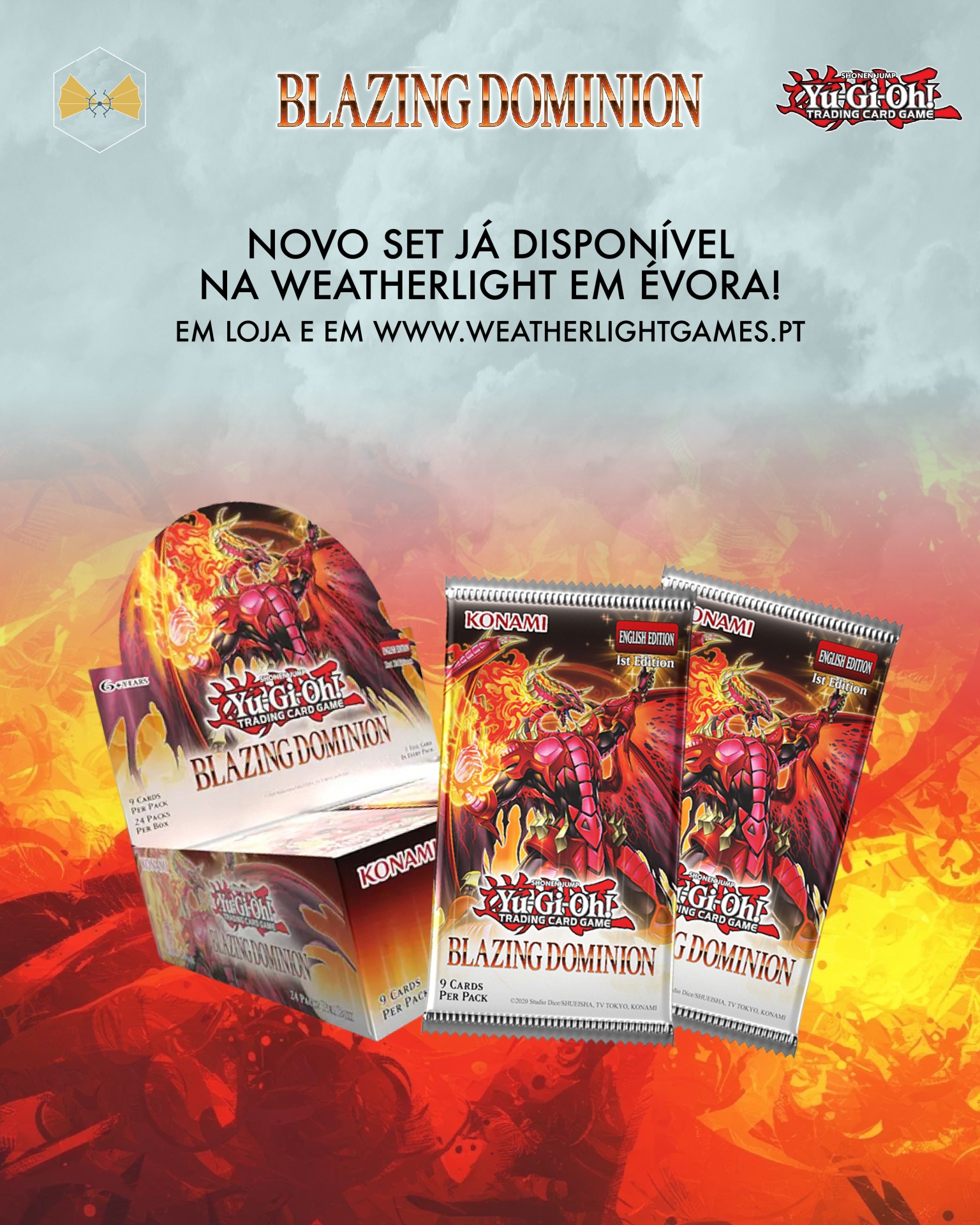 Pacotes e caixa do jogo Yu-Gi-Oh! Blazing Dominion com fundo em chamas e texto promocional em português.