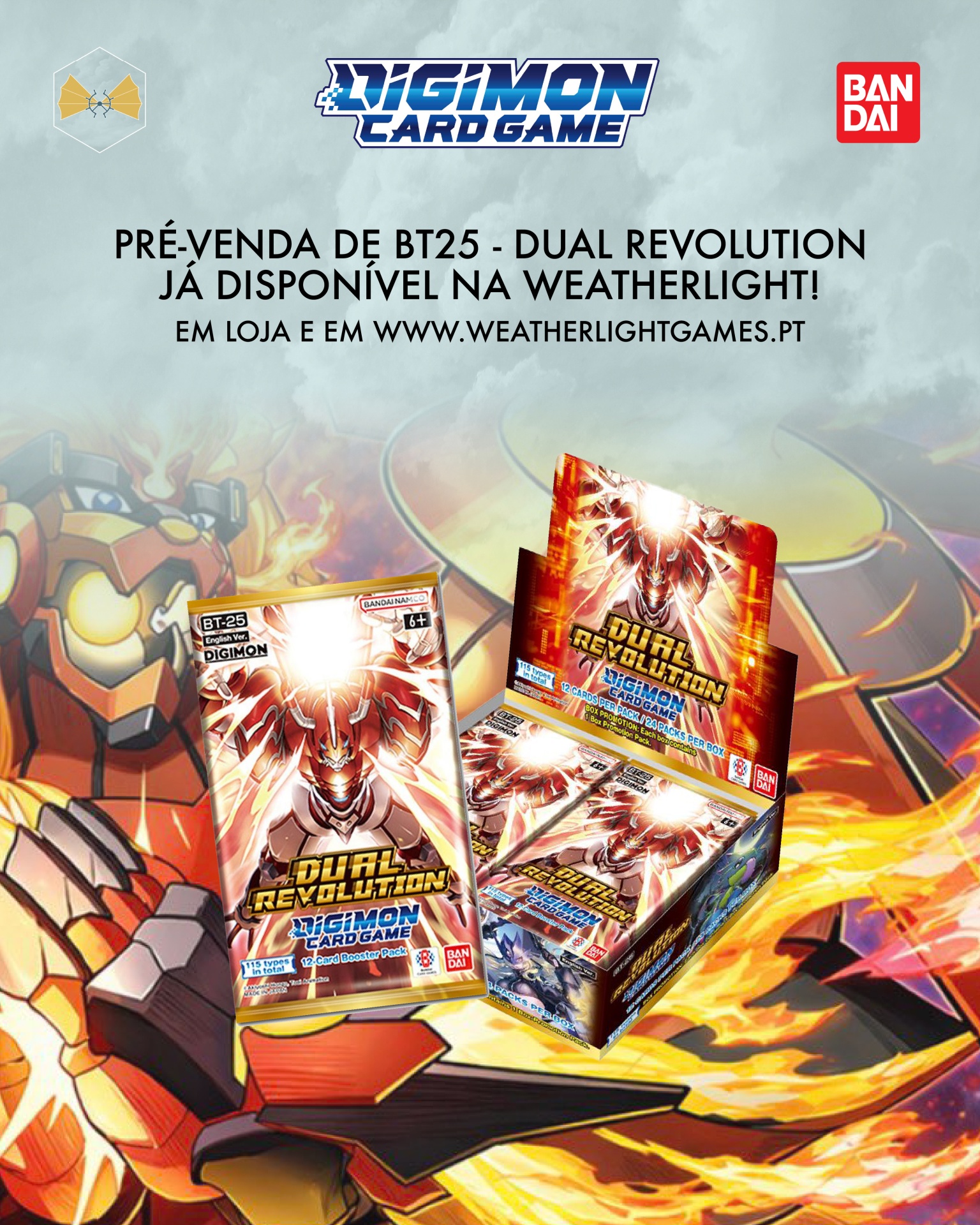 Pack booster e caixa do jogo de cartas Digimon Dual Revolution com fundo ilustrado em tons quentes.