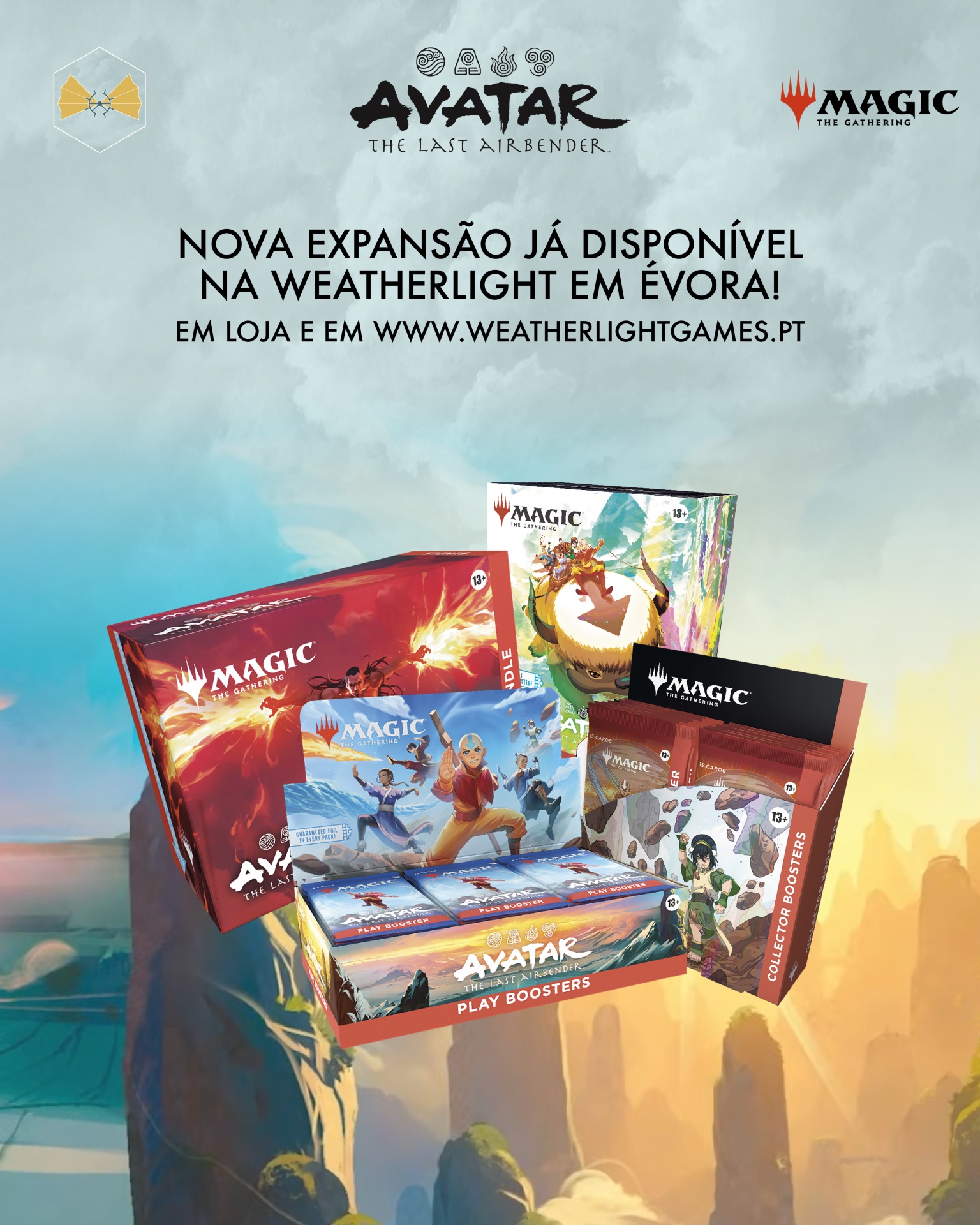 Caixas de cartas Magic The Gathering Avatar The Last Airbender com anúncio de nova expansão e fundo de montanhas