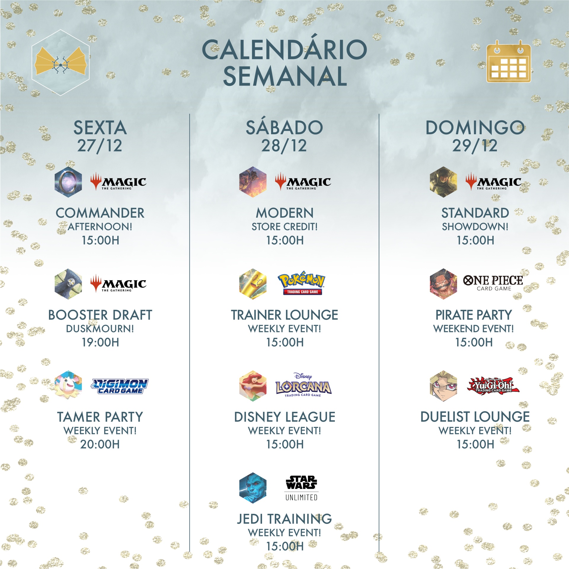 Calendário semanal de eventos de jogos com datas, horários e nomes dos eventos em português