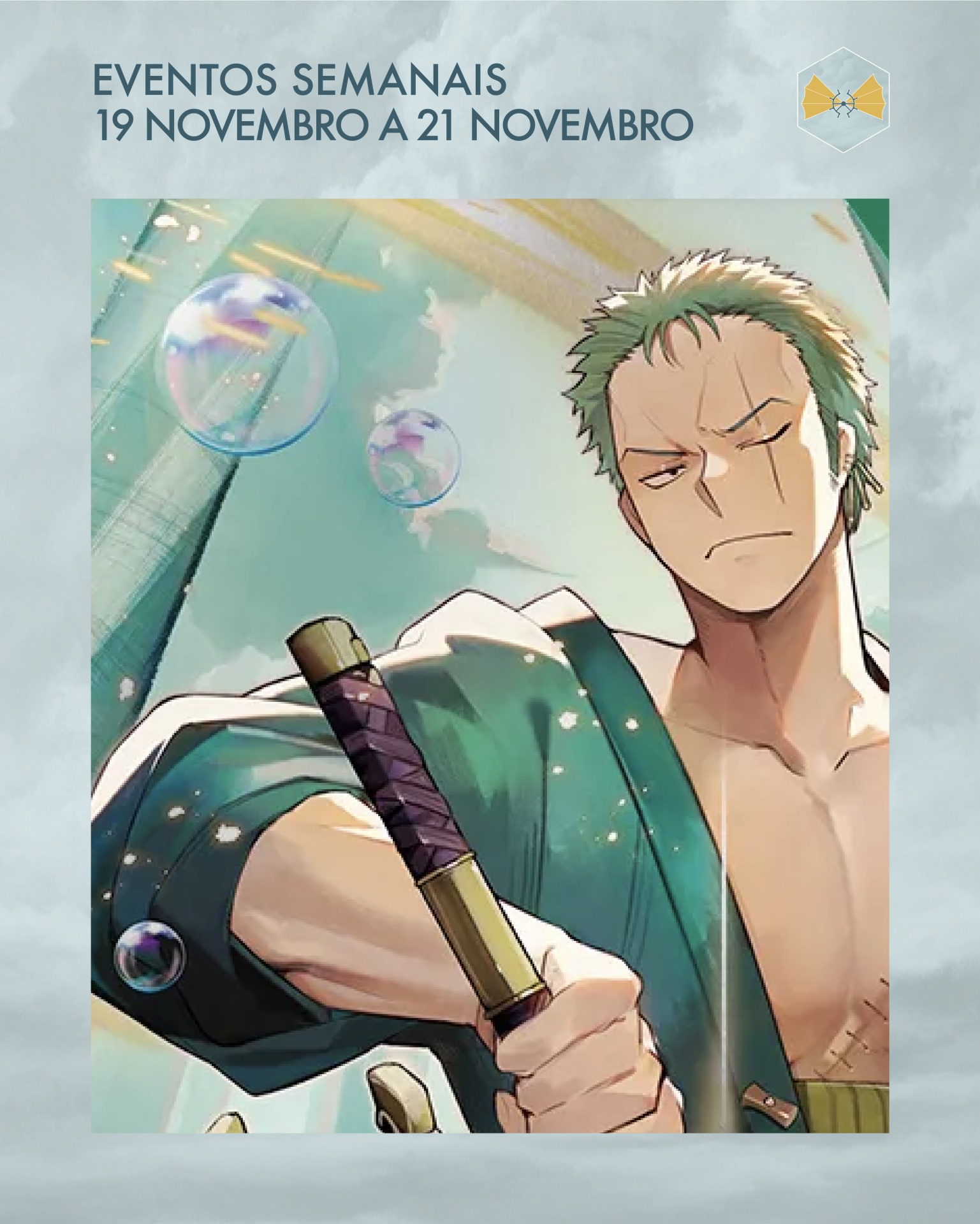 Ilustração anime de homem com kimono verde segurando espada.