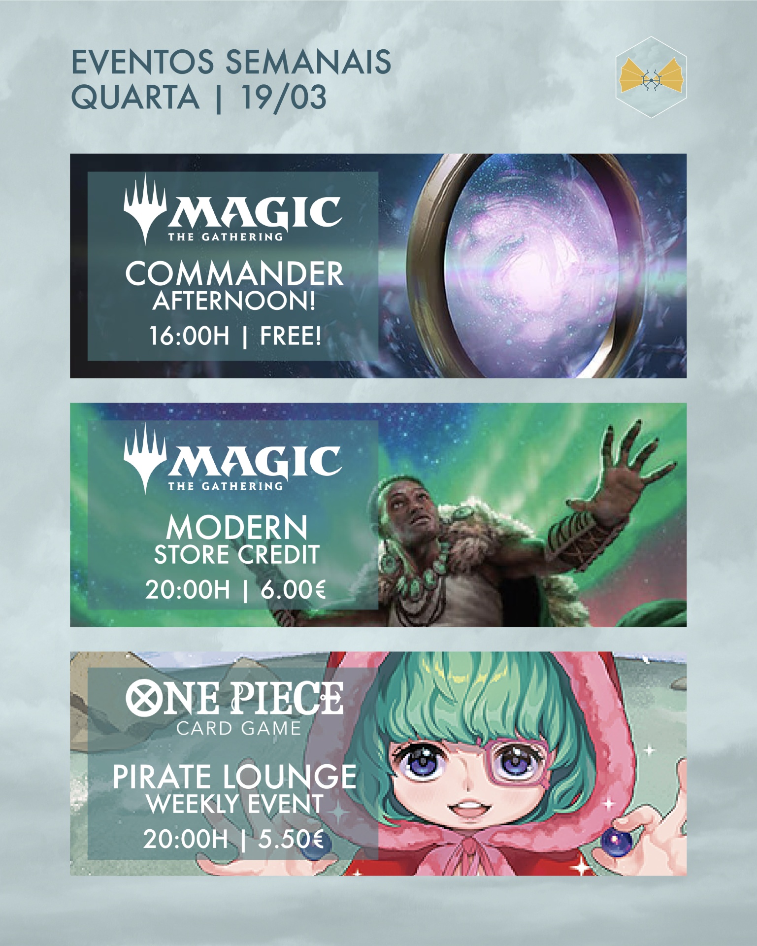 Cartaz de eventos semanais para jogos Magic The Gathering e One Piece com datas, horários e preços