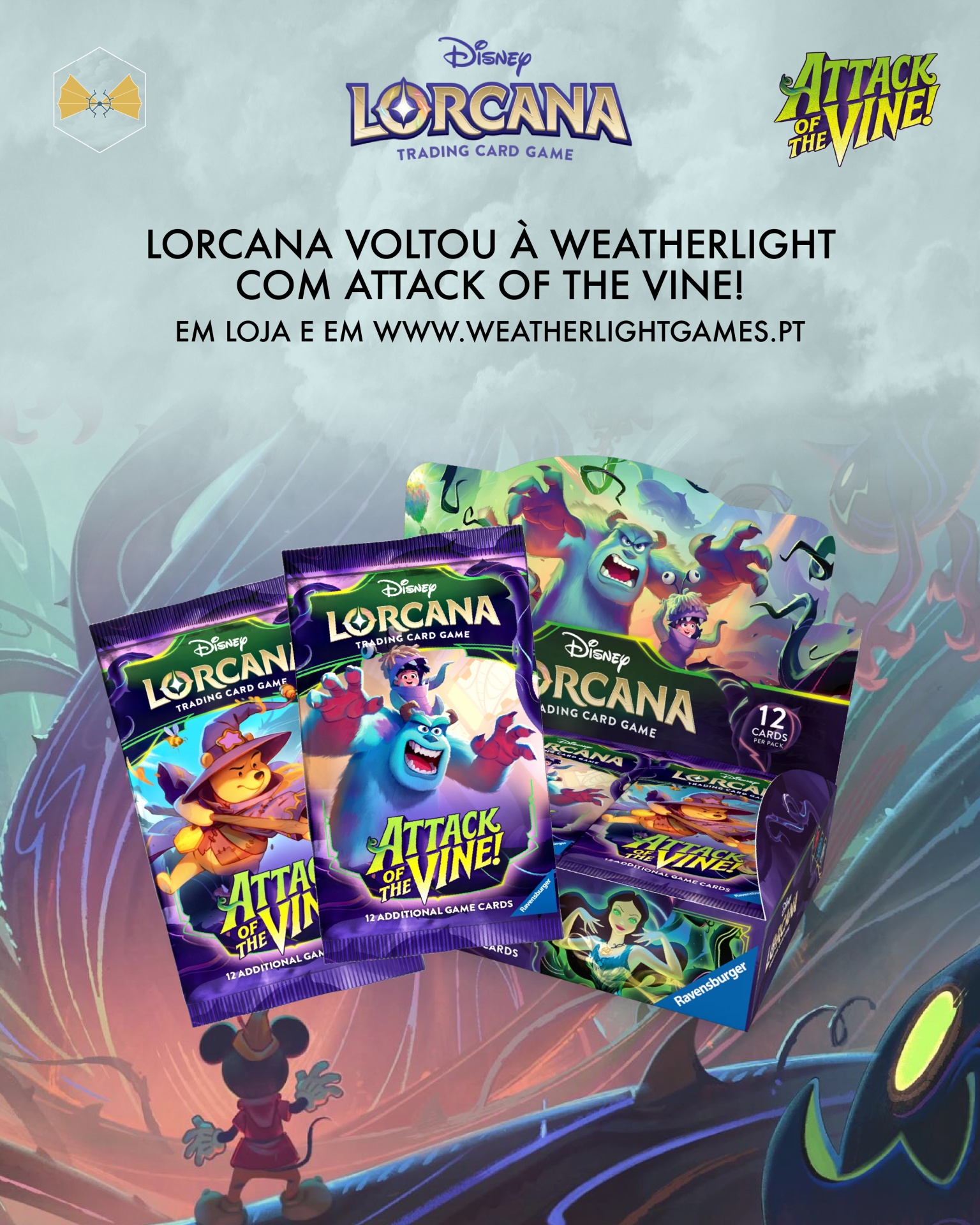 Cartas colecionáveis Disney Lorcana em embalagem Attack of the Vine com texto promocional e fundo ilustrado.